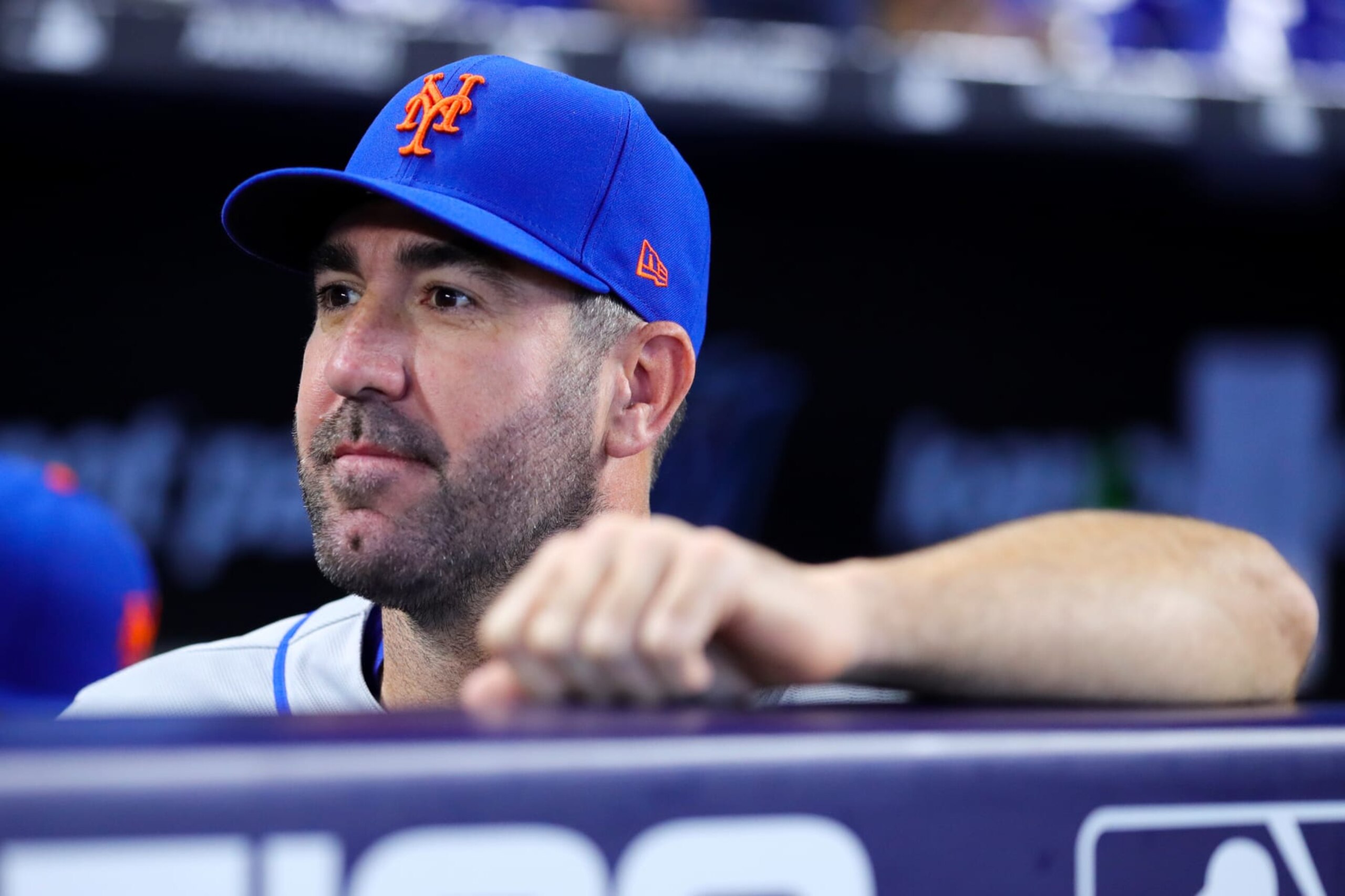 MIAMI, FLORIDA - MARCH 30: Justin Verlander #35 of the New York Mets looks on prior to a game against the Miami Marlins on Opening Day at loanDepot park on March 30, 2023 in Miami, Florida. (Photo by Megan Briggs/Getty Images)