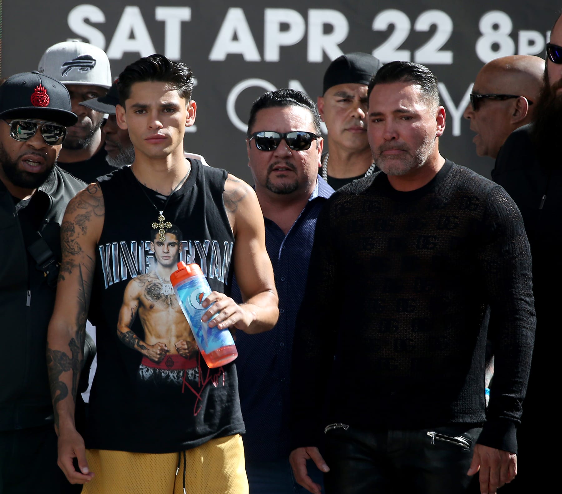 Las Vegas, NV - April 20: Boxer Ryan Garcia arrives for the weigh-in event of his long anticipated fight with Gervonta Davis at T-Mobile Arena in Las Vegas. With him is former boxing champ and the head of Golden Booy Productions, Oscar De La Hoya, right. (Luis Sinco / Los Angeles Times via Getty Images)