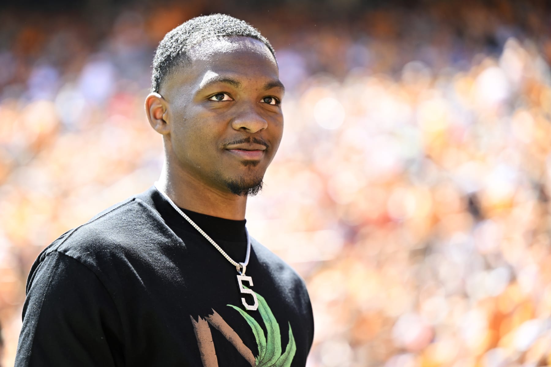 KNOXVILLE, TENNESSEE - APRIL 15: Hendon Hooker stands on the sidelines before the Tennessee Volunteers spring football game at Neyland Stadium on April 15, 2023 in Knoxville, Tennessee. (Photo by Eakin Howard/Getty Images)