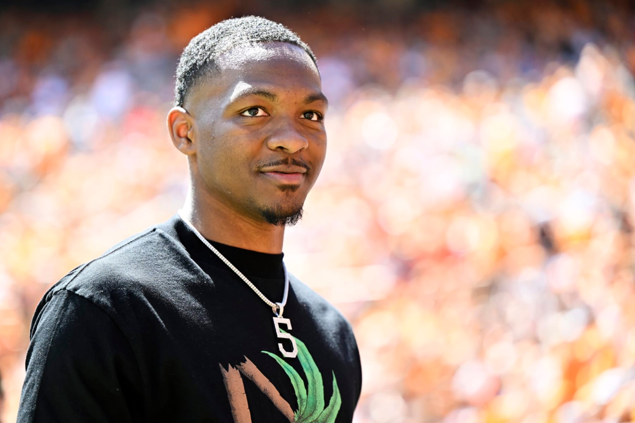 KNOXVILLE, TENNESSEE - APRIL 15: Hendon Hooker stands on the sidelines before the Tennessee Volunteers spring football game at Neyland Stadium on April 15, 2023 in Knoxville, Tennessee. (Photo by Eakin Howard/Getty Images)