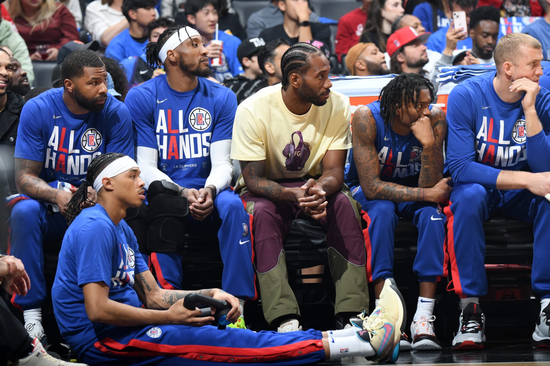LOS ANGELES, CA - APRIL 20: The LA Clippers look on during the game against the Phoenix Suns during Round 1 Game 3 of the 2023 NBA Playoffs on April 20, 2023 at Crypto.Com Arena in Los Angeles, California. NOTE TO USER: User expressly acknowledges and agrees that, by downloading and/or using this Photograph, user is consenting to the terms and conditions of the Getty Images License Agreement. Mandatory Copyright Notice: Copyright 2023 NBAE (Photo by Andrew D. Bernstein/NBAE via Getty Images)