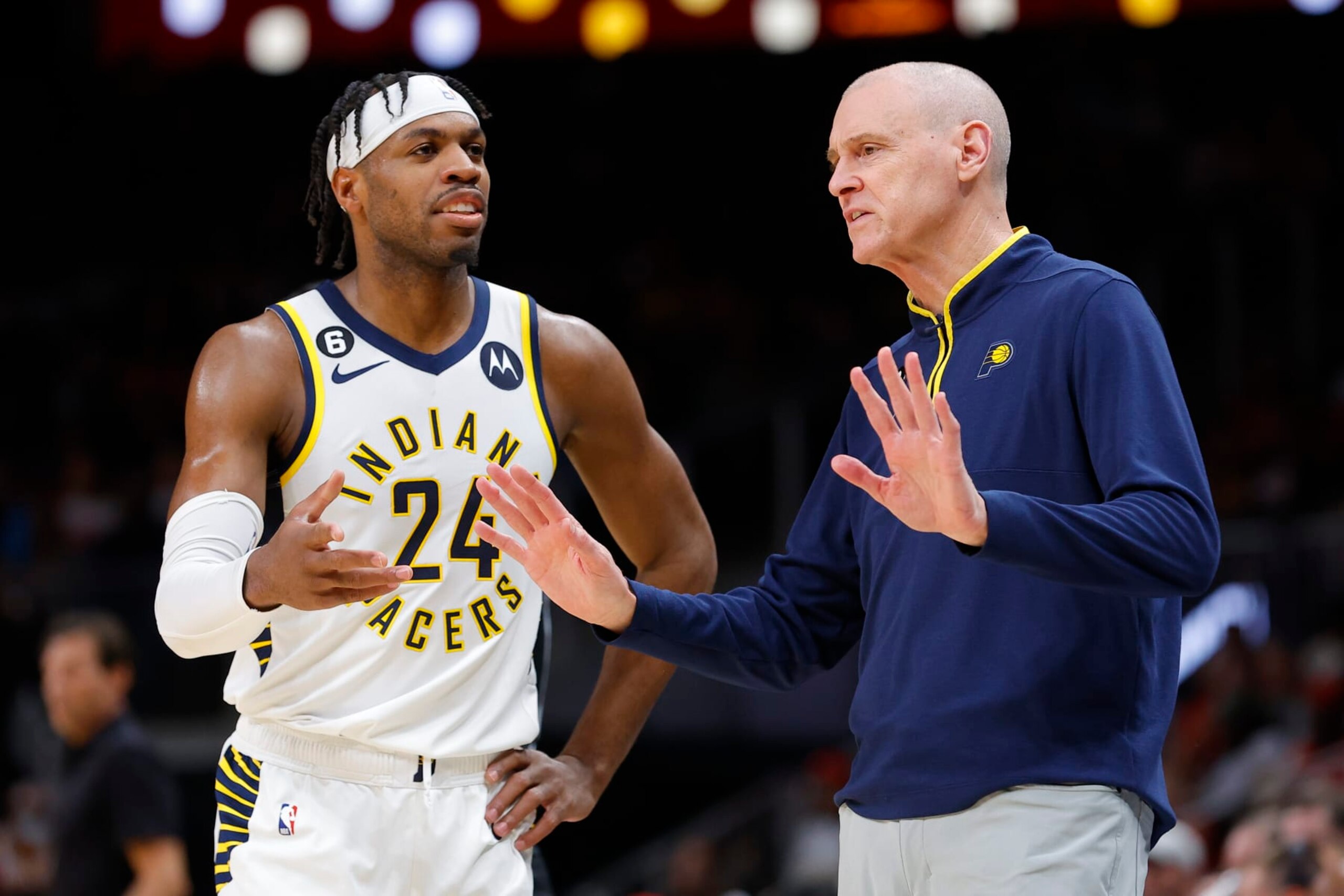 ATLANTA, GA - MARCH 25: Head coach Rick Carlisle of the Indiana Pacers speaks with Buddy Hield #24 during the first half against the Atlanta Hawks at State Farm Arena on March 25, 2023 in Atlanta, Georgia. NOTE TO USER: User expressly acknowledges and agrees that, by downloading and or using this photograph, User is consenting to the terms and conditions of the Getty Images License Agreement. (Photo by Todd Kirkland/Getty Images) ATLANTA, GA - MARCH 25: Head coach Rick Carlisle of the Indiana Pacers speaks with Buddy Hield #24 during the first half against the Atlanta Hawks at State Farm Arena on March 25, 2023 in Atlanta, Georgia. NOTE TO USER: User expressly acknowledges and agrees that, by downloading and or using this photograph, User is consenting to the terms and conditions of the Getty Images License Agreement. (Photo by Todd Kirkland/Getty Images)