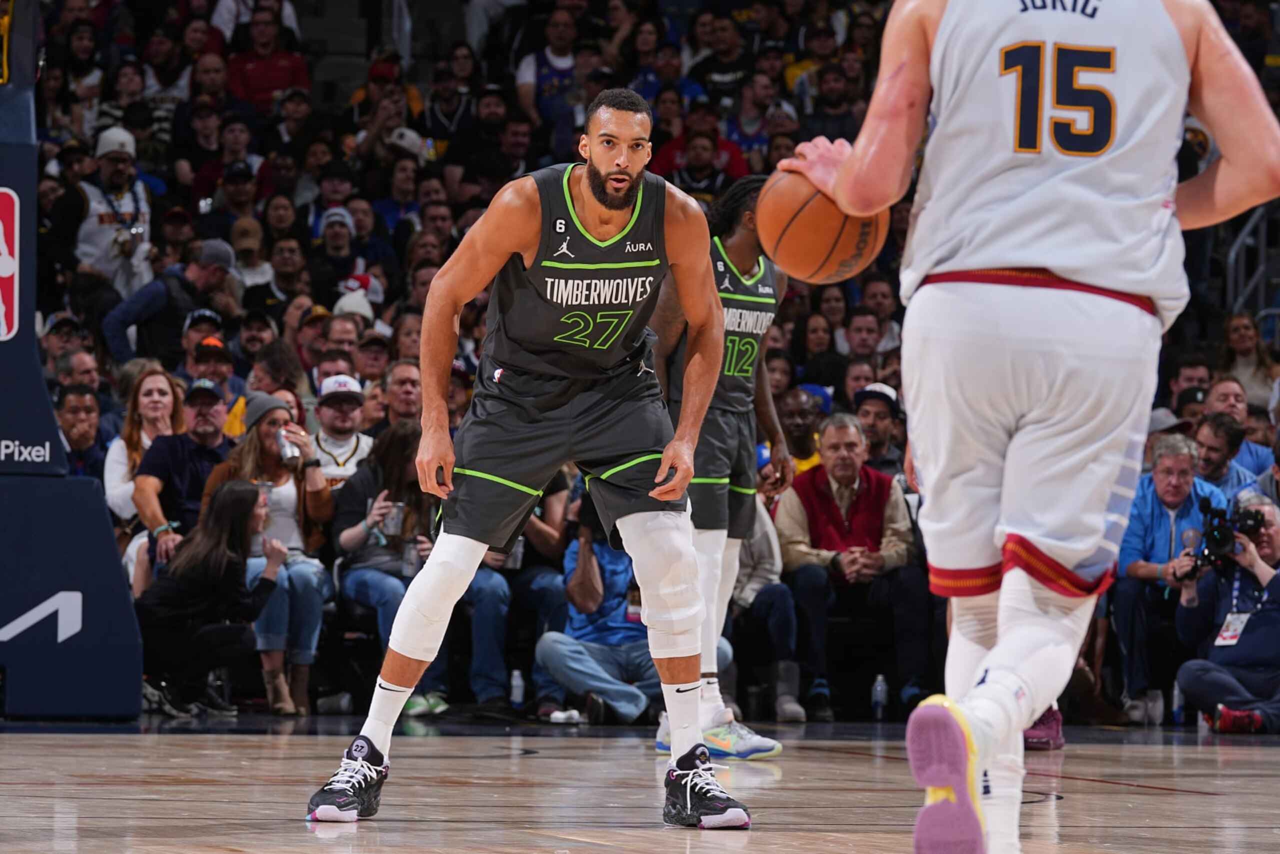 DENVER, CO - APRIL 25: Rudy Gobert #27 of the Minnesota Timberwolves plays defense during Round One Game Five of the 2023 NBA Playoffs against the Denver Nuggets on April 25, 2023 at the Ball Arena in Denver, Colorado. NOTE TO USER: User expressly acknowledges and agrees that, by downloading and/or using this Photograph, user is consenting to the terms and conditions of the Getty Images License Agreement. Mandatory Copyright Notice: Copyright 2023 NBAE (Photo by Bart Young/NBAE via Getty Images)