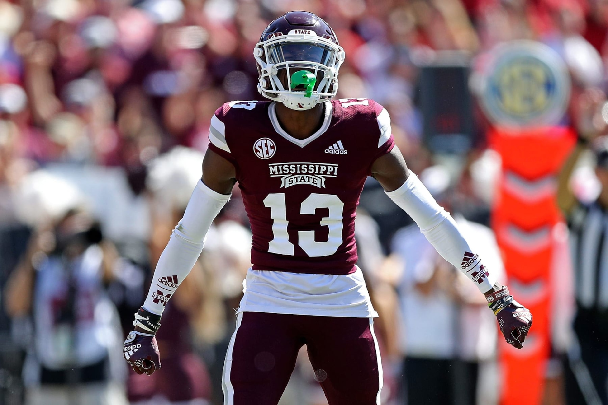STARKVILLE, MISSISSIPPI - OCTOBER 08: Emmanuel Forbes #13 of the Mississippi State Bulldogs reacts during the game against the Arkansas Razorbacks at Davis Wade Stadium on October 08, 2022 in Starkville, Mississippi. (Photo by Justin Ford/Getty Images) STARKVILLE, MISSISSIPPI - OCTOBER 08: Emmanuel Forbes #13 of the Mississippi State Bulldogs reacts during the game against the Arkansas Razorbacks at Davis Wade Stadium on October 08, 2022 in Starkville, Mississippi. (Photo by Justin Ford/Getty Images)