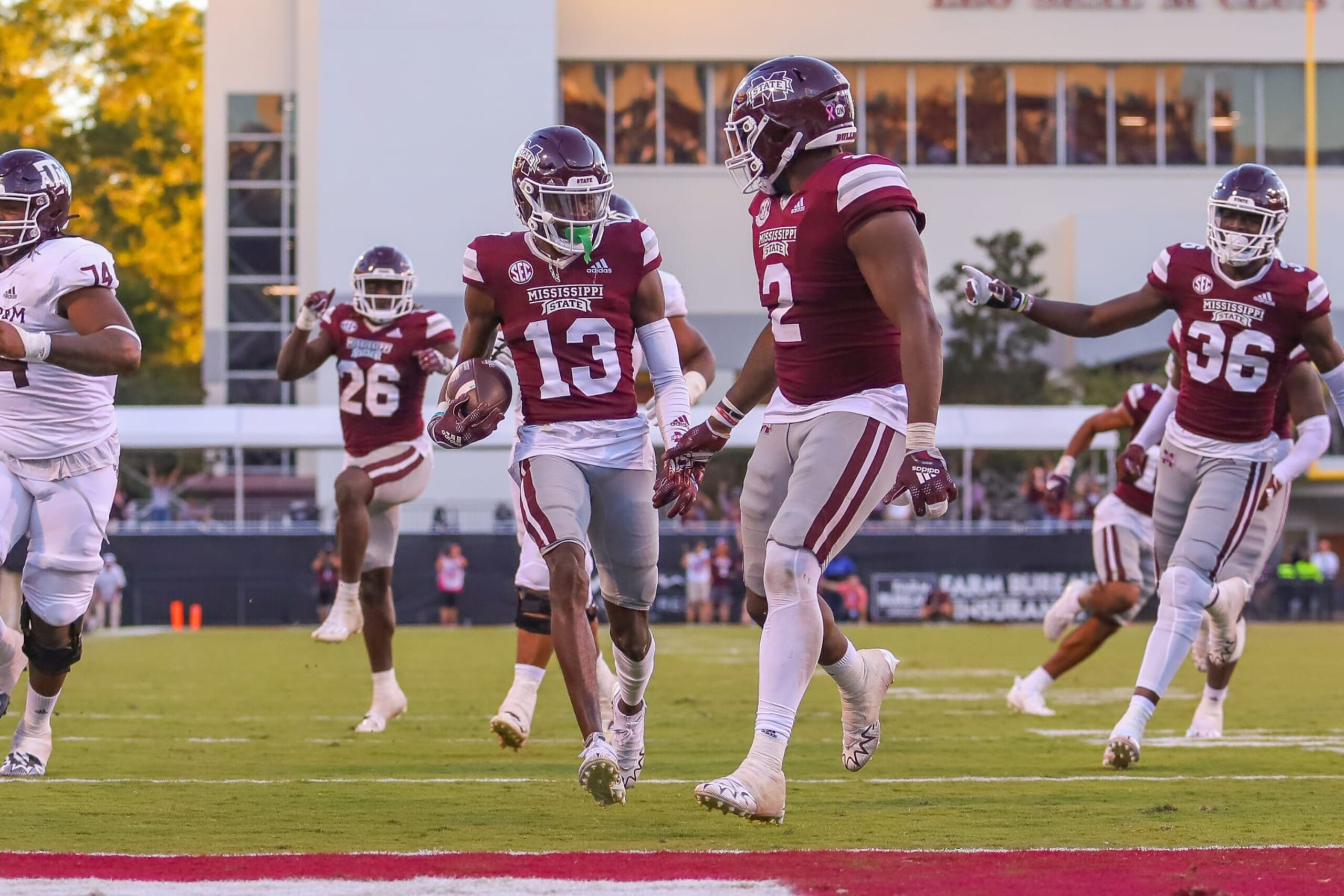 STARKVILLE, MS - OCTOBER 01: Mississippi State Bulldogs cornerback Emmanuel Forbes (13) returns an interception for a touchdown during the game between the Mississippi State Bulldogs and the Texas A&M Aggies on October 1, 2022 at Davis Wade Stadium in Starkville, MS. (Photo by Chris McDill/Icon Sportswire via Getty Images) STARKVILLE, MS - OCTOBER 01: Mississippi State Bulldogs cornerback Emmanuel Forbes (13) returns an interception for a touchdown during the game between the Mississippi State Bulldogs and the Texas A&M Aggies on October 1, 2022 at Davis Wade Stadium in Starkville, MS. (Photo by Chris McDill/Icon Sportswire via Getty Images)