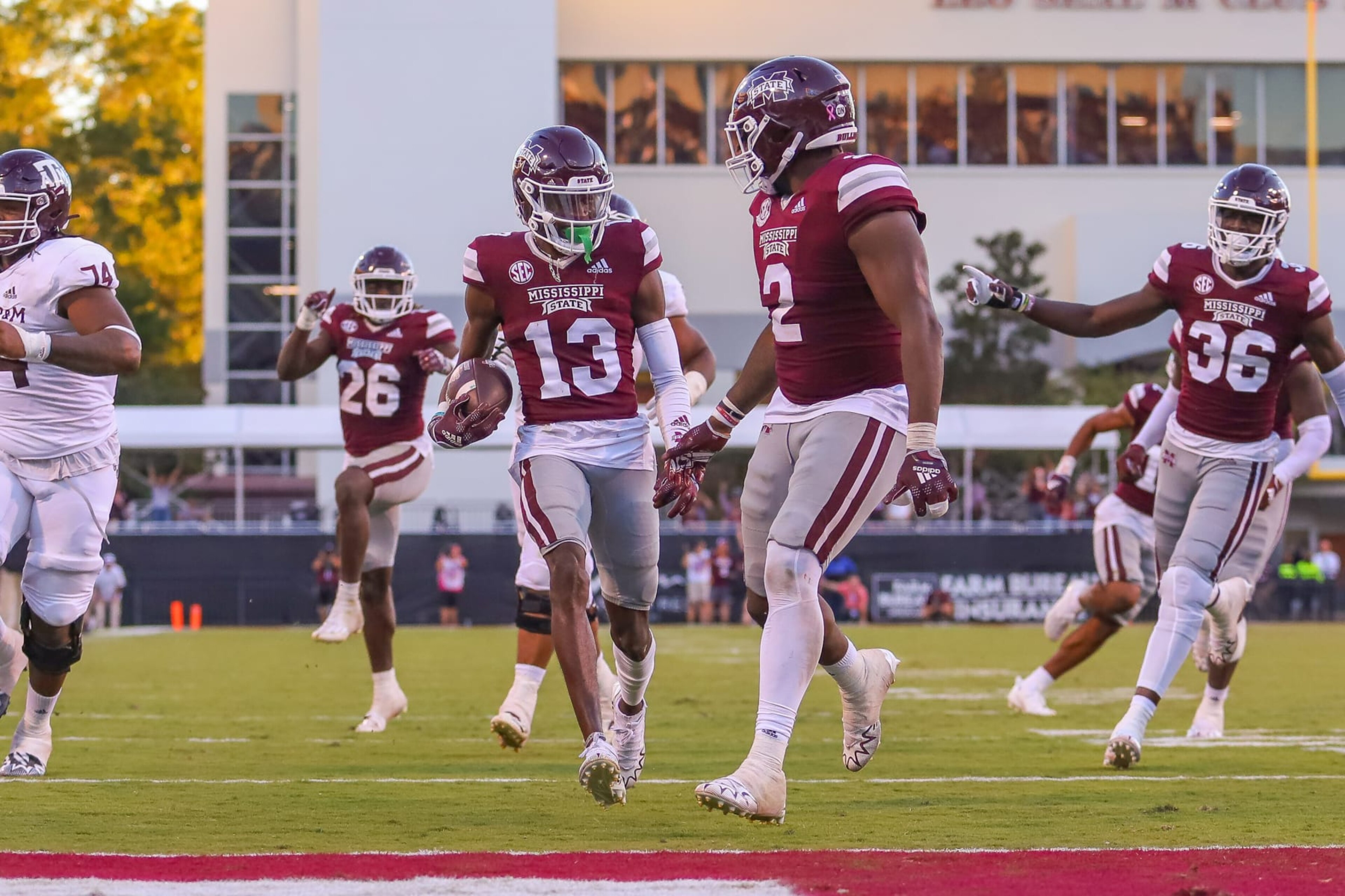 STARKVILLE, MS - OCTOBER 01: Mississippi State Bulldogs cornerback Emmanuel Forbes (13) returns an interception for a touchdown during the game between the Mississippi State Bulldogs and the Texas A&M Aggies on October 1, 2022 at Davis Wade Stadium in Starkville, MS. (Photo by Chris McDill/Icon Sportswire via Getty Images)