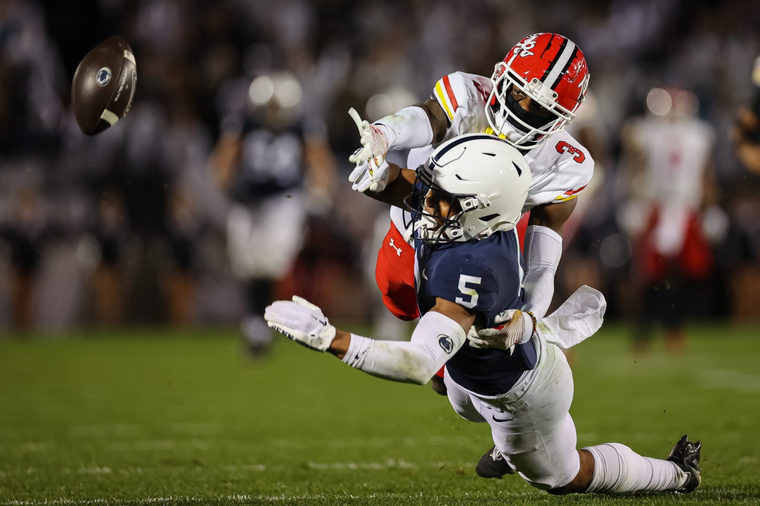 STATE COLLEGE, PA - NOVEMBER 12: Deonte Banks #3 of the Maryland Terrapins is called for pass interference against Mitchell Tinsley #5 of the Penn State Nittany Lions during the second half at Beaver Stadium on November 12, 2022 in State College, Pennsylvania. (Photo by Scott Taetsch/Getty Images) STATE COLLEGE, PA - NOVEMBER 12: Deonte Banks #3 of the Maryland Terrapins is called for pass interference against Mitchell Tinsley #5 of the Penn State Nittany Lions during the second half at Beaver Stadium on November 12, 2022 in State College, Pennsylvania. (Photo by Scott Taetsch/Getty Images)