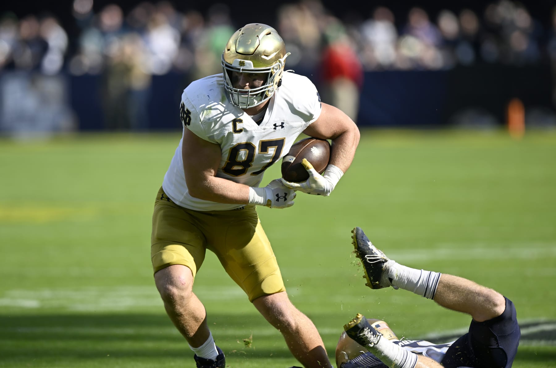 BALTIMORE, MARYLAND - NOVEMBER 12: Michael Mayer #87 of the Notre Dame Fighting Irish runs with the ball after a catch in the second quarter against the Navy Midshipmen at M&T Bank Stadium on November 12, 2022 in Baltimore, Maryland. (Photo by Greg Fiume/Getty Images)