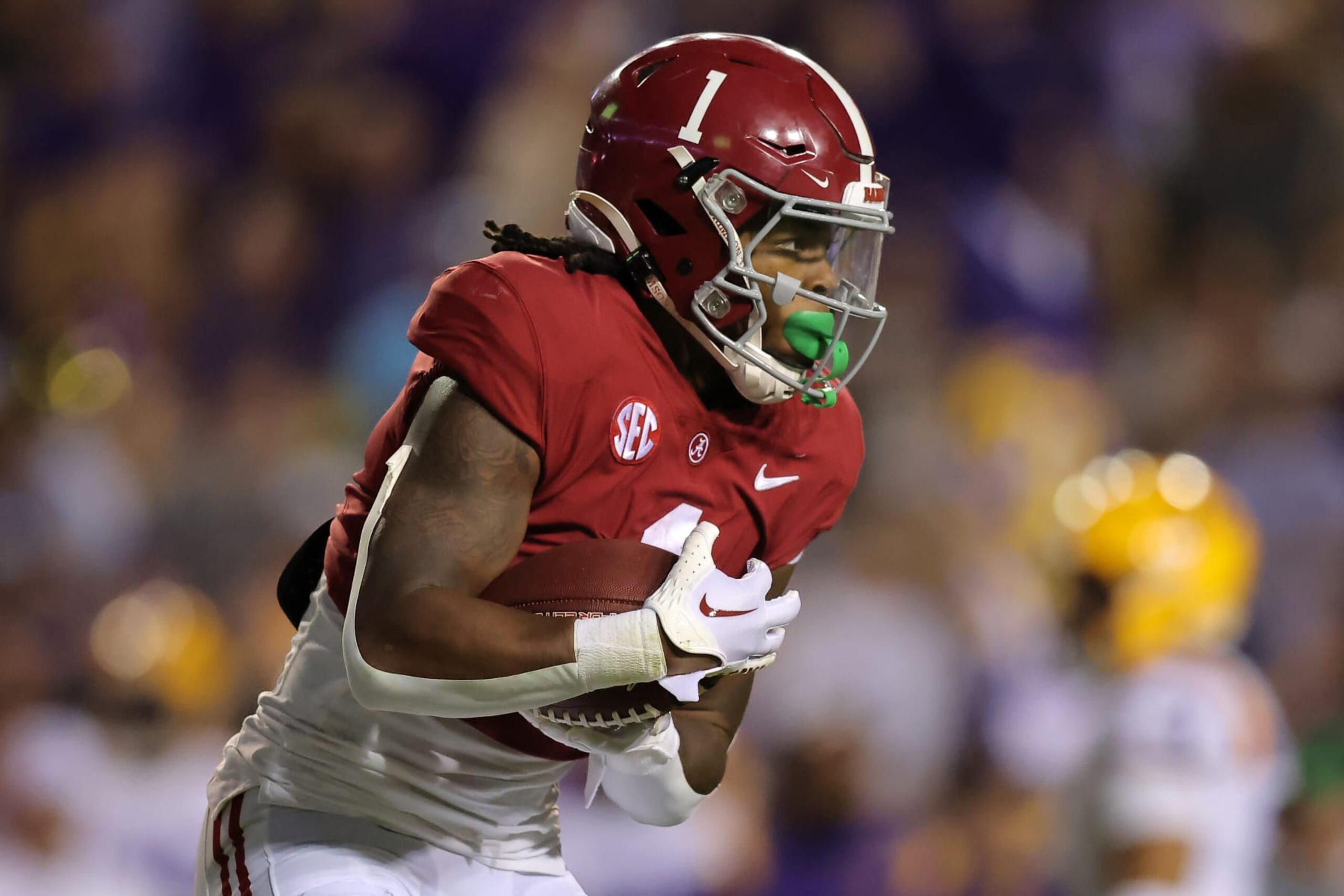 BATON ROUGE, LOUISIANA - NOVEMBER 05: Jahmyr Gibbs #1 of the Alabama Crimson Tide runs with the ball. gainst the LSU Tigers during a game at Tiger Stadium on November 05, 2022 in Baton Rouge, Louisiana. (Photo by Jonathan Bachman/Getty Images) BATON ROUGE, LOUISIANA - NOVEMBER 05: Jahmyr Gibbs #1 of the Alabama Crimson Tide runs with the ball. gainst the LSU Tigers during a game at Tiger Stadium on November 05, 2022 in Baton Rouge, Louisiana. (Photo by Jonathan Bachman/Getty Images)