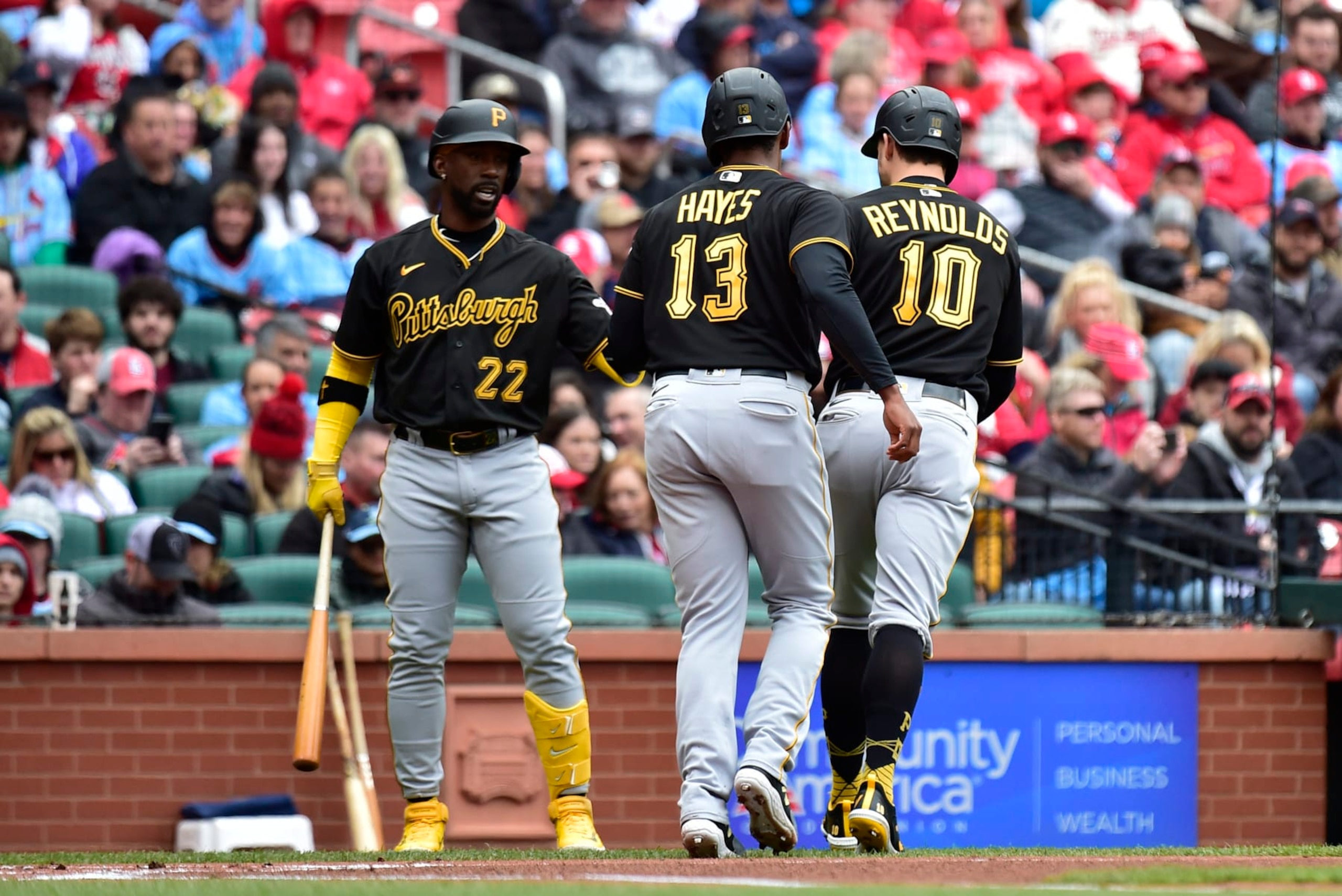 Andrew McCutchen (L), Ke'Bryan Hayes (C) and Bryan Reynolds (R)