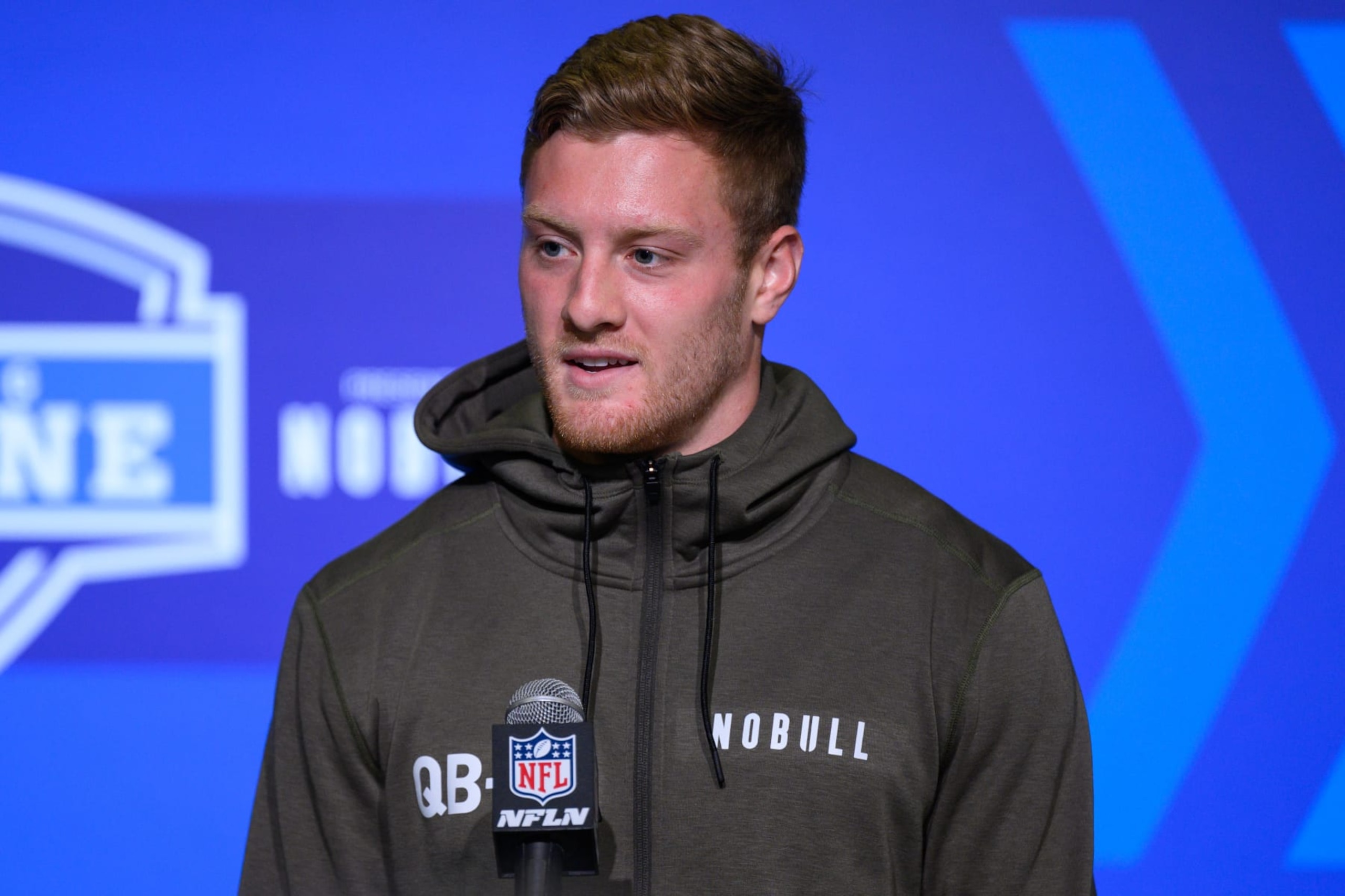 INDIANAPOLIS, IN - MARCH 03: Kentucky quarterback Will Levis answers questions from the media during the NFL Scouting Combine on March 3, 2023, at the Indiana Convention Center in Indianapolis, IN. (Photo by Zach Bolinger/Icon Sportswire via Getty Images)