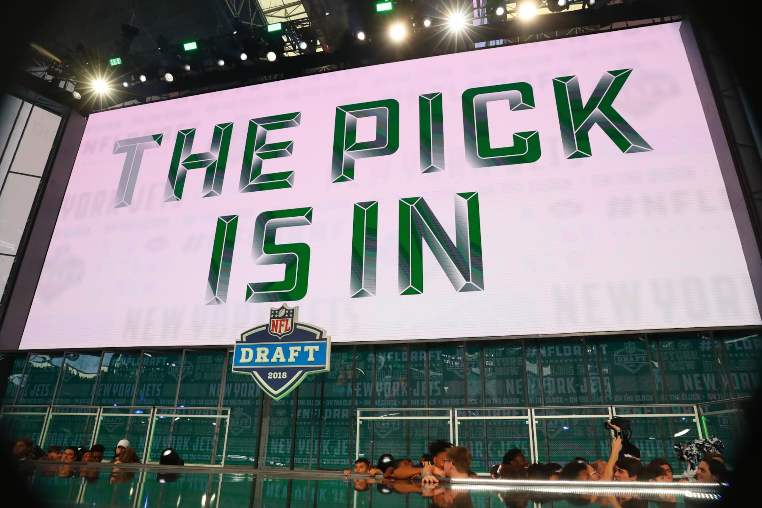 ARLINGTON, TX - APRIL 26: The Pick is In logo on the video board during the first round at the 2018 NFL Draft at AT&T Stadium on April 26, 2018 at AT&T Stadium in Arlington Texas. (Photo by Rich Graessle/Icon Sportswire via Getty Images)