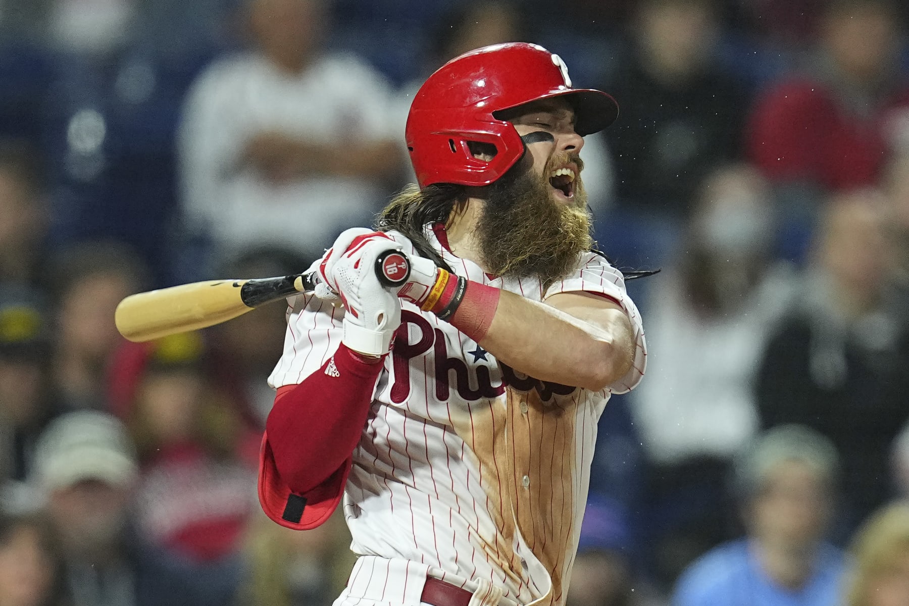 PHILADELPHIA, PA - APRIL 25: Brandon Marsh #16 of the Philadelphia Phillies reacts after striking out in the bottom of the ninth inning against the Seattle Mariners at Citizens Bank Park on April 25, 2023 in Philadelphia, Pennsylvania. The Seattle Mariners defeated the Philadelphia Phillies 5-3. (Photo by Mitchell Leff/Getty Images)