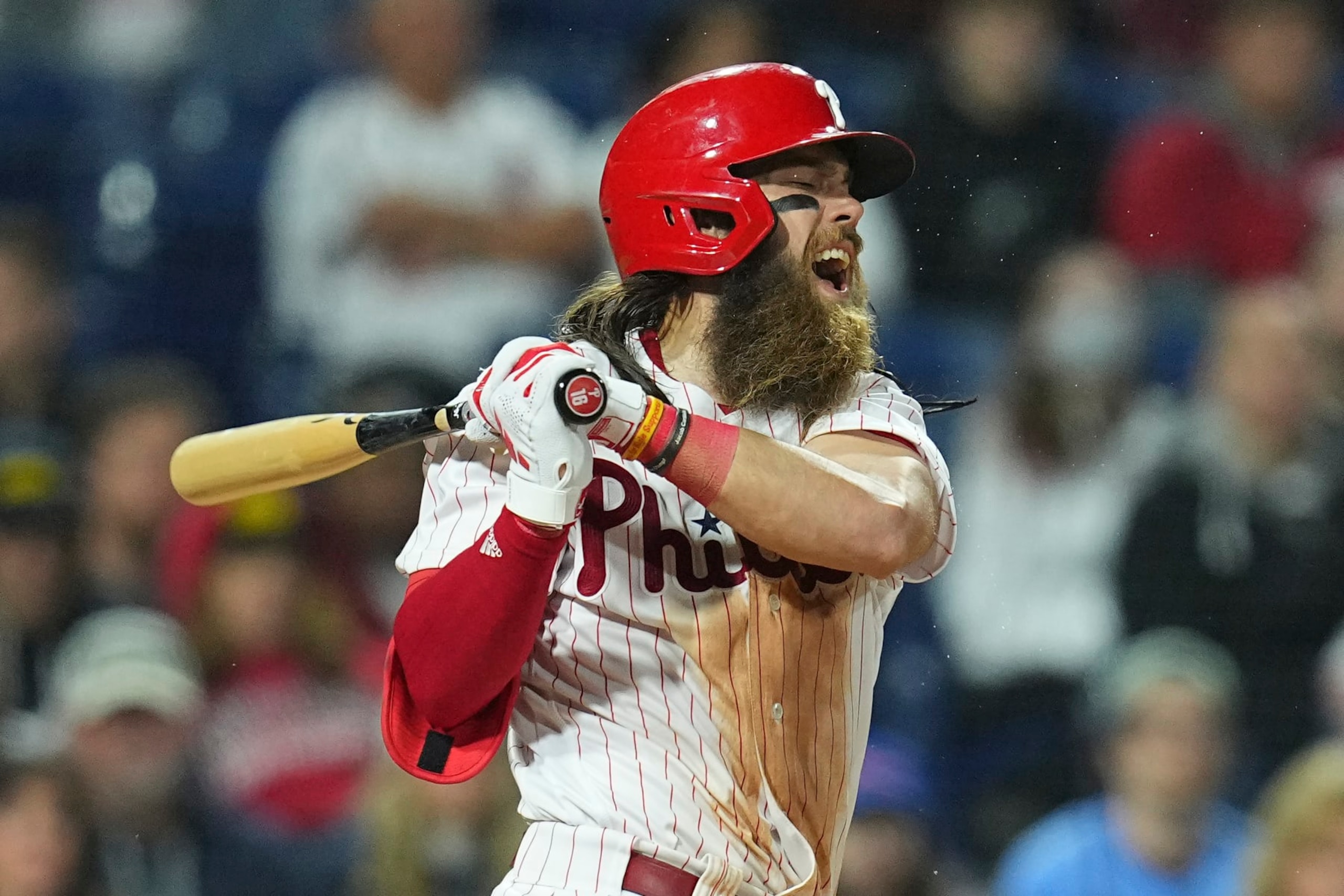 PHILADELPHIA, PA - APRIL 25: Brandon Marsh #16 of the Philadelphia Phillies reacts after striking out in the bottom of the ninth inning against the Seattle Mariners at Citizens Bank Park on April 25, 2023 in Philadelphia, Pennsylvania. The Seattle Mariners defeated the Philadelphia Phillies 5-3. (Photo by Mitchell Leff/Getty Images) PHILADELPHIA, PA - APRIL 25: Brandon Marsh #16 of the Philadelphia Phillies reacts after striking out in the bottom of the ninth inning against the Seattle Mariners at Citizens Bank Park on April 25, 2023 in Philadelphia, Pennsylvania. The Seattle Mariners defeated the Philadelphia Phillies 5-3. (Photo by Mitchell Leff/Getty Images)