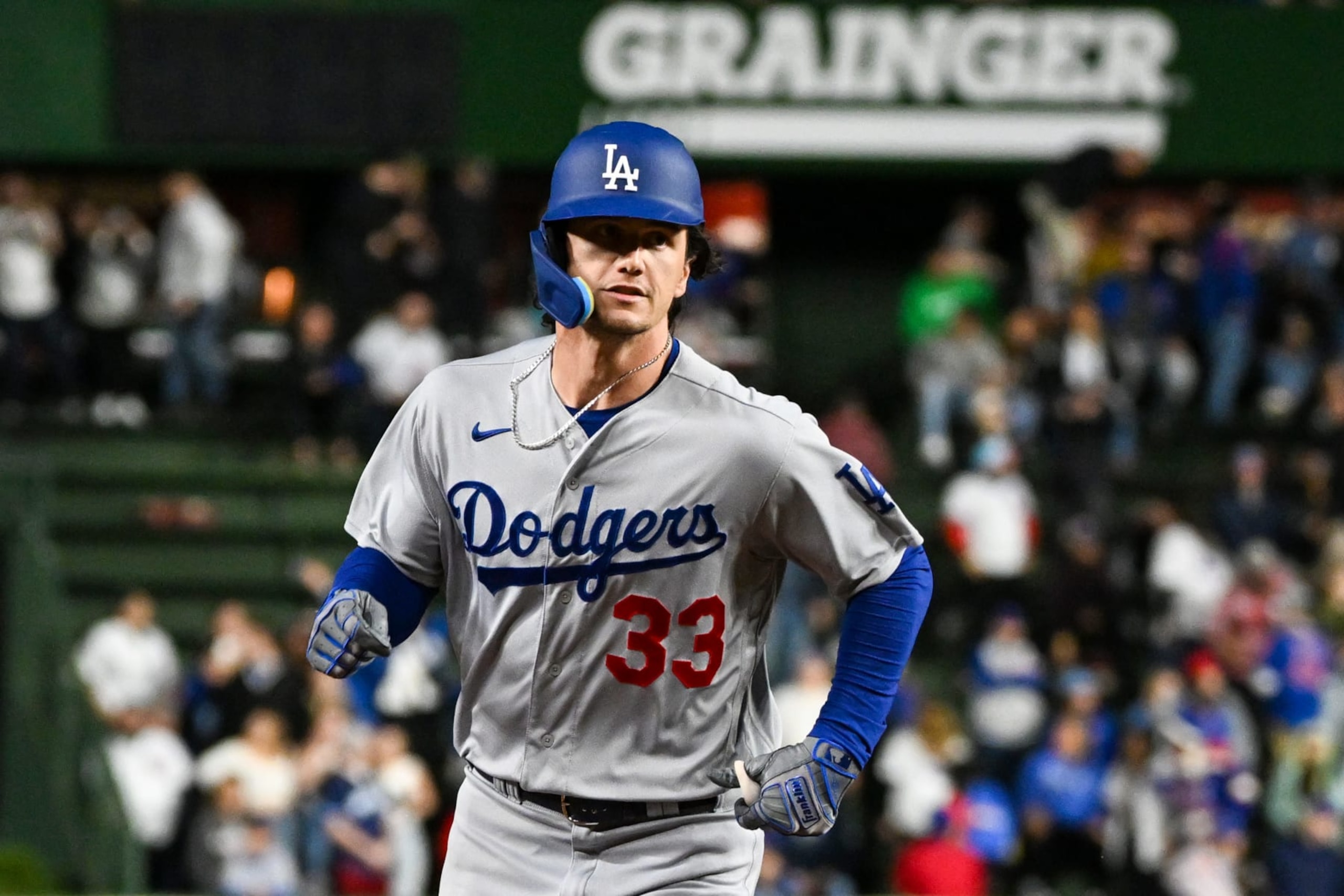 CHICAGO, ILLINOIS - APRIL 20: James Outman #33 of the Los Angeles Dodgers hits a grand slam home run in the ninth inning against the Chicago Cubs at Wrigley Field on April 20, 2023 in Chicago, Illinois. (Photo by Quinn Harris/Getty Images) CHICAGO, ILLINOIS - APRIL 20: James Outman #33 of the Los Angeles Dodgers hits a grand slam home run in the ninth inning against the Chicago Cubs at Wrigley Field on April 20, 2023 in Chicago, Illinois. (Photo by Quinn Harris/Getty Images)