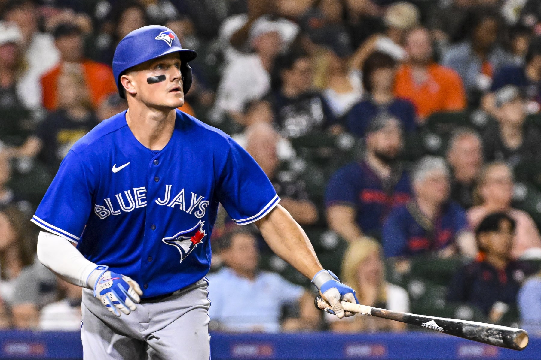HOUSTON, TEXAS - APRIL 18: Matt Chapman #26 of the Toronto Blue Jays hits a solo home run in the fourth inning against the Houston Astros at Minute Maid Park on April 18, 2023 in Houston, Texas. (Photo by Logan Riely/Getty Images)