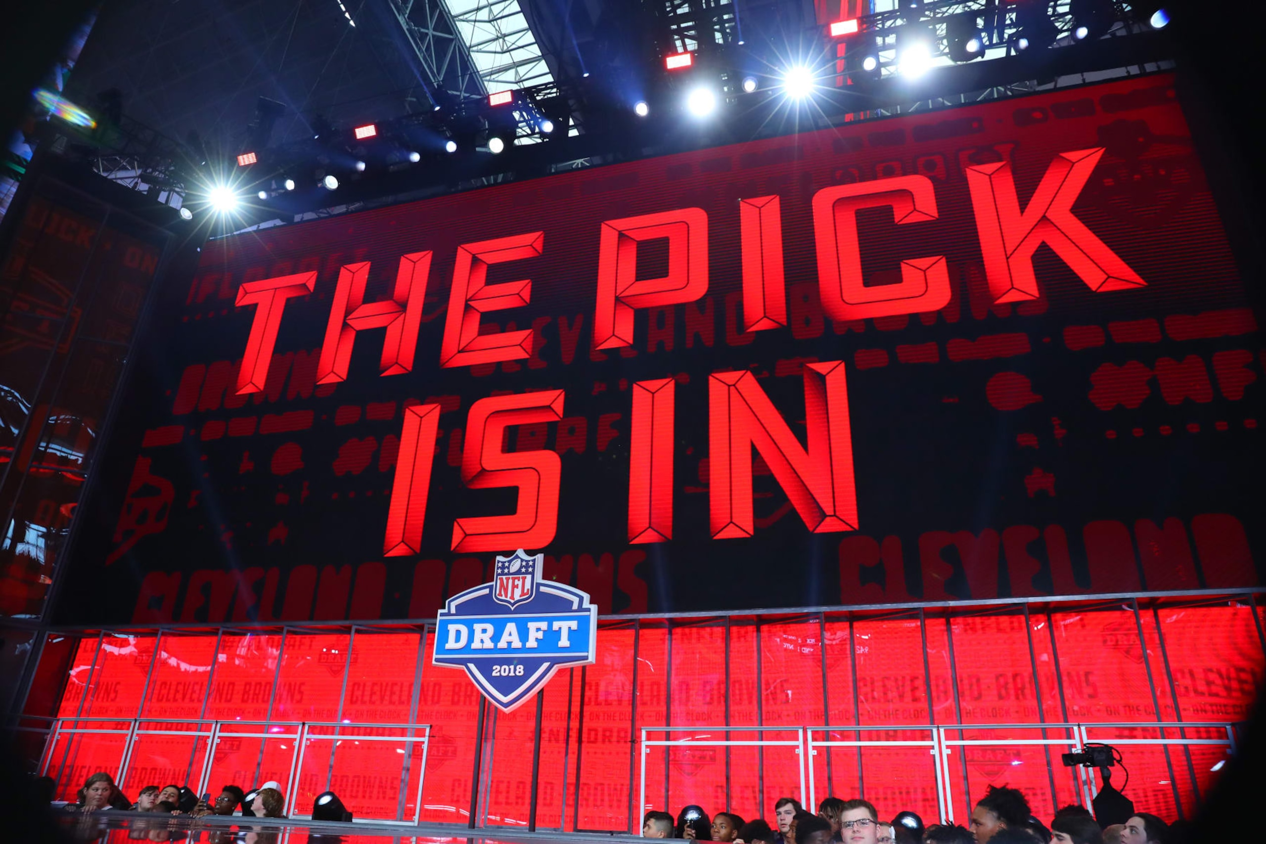 ARLINGTON, TX - APRIL 26: The Pick is In logo on the video board during the first round at the 2018 NFL Draft at AT&T Stadium on April 26, 2018 at AT&T Stadium in Arlington Texas. (Photo by Rich Graessle/Icon Sportswire via Getty Images)