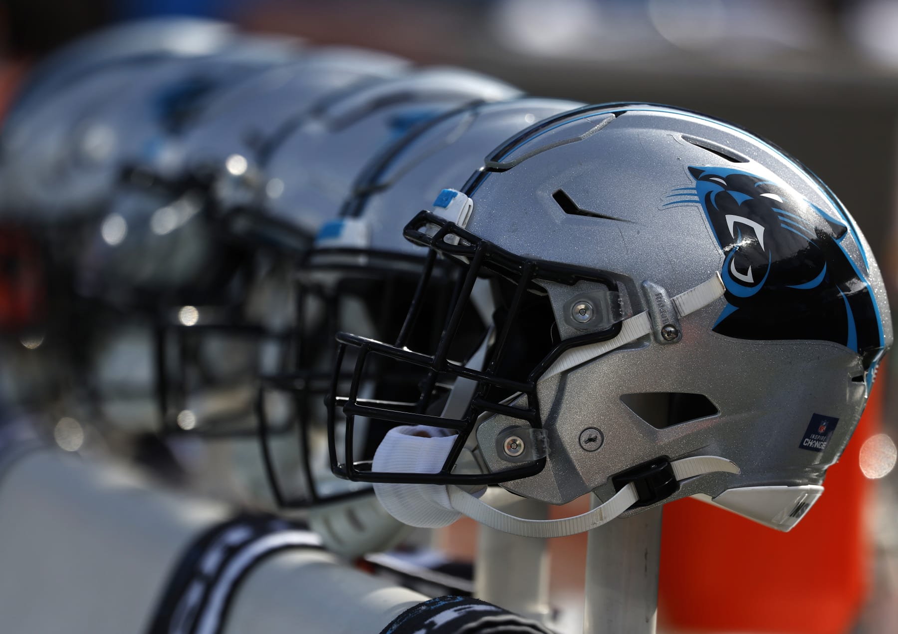 CHARLOTTE, NORTH CAROLINA - DECEMBER 26: A detailed photo of Carolina Panthers helmets during their game against the Tampa Bay Buccaneers at Bank of America Stadium on December 26, 2021 in Charlotte, North Carolina. (Photo by Grant Halverson/Getty Images)