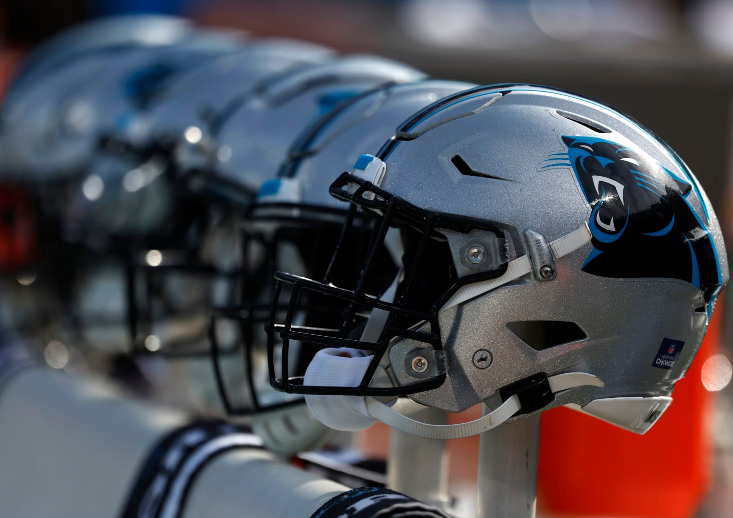 CHARLOTTE, NORTH CAROLINA - DECEMBER 26: A detailed photo of Carolina Panthers helmets during their game against the Tampa Bay Buccaneers at Bank of America Stadium on December 26, 2021 in Charlotte, North Carolina. (Photo by Grant Halverson/Getty Images)