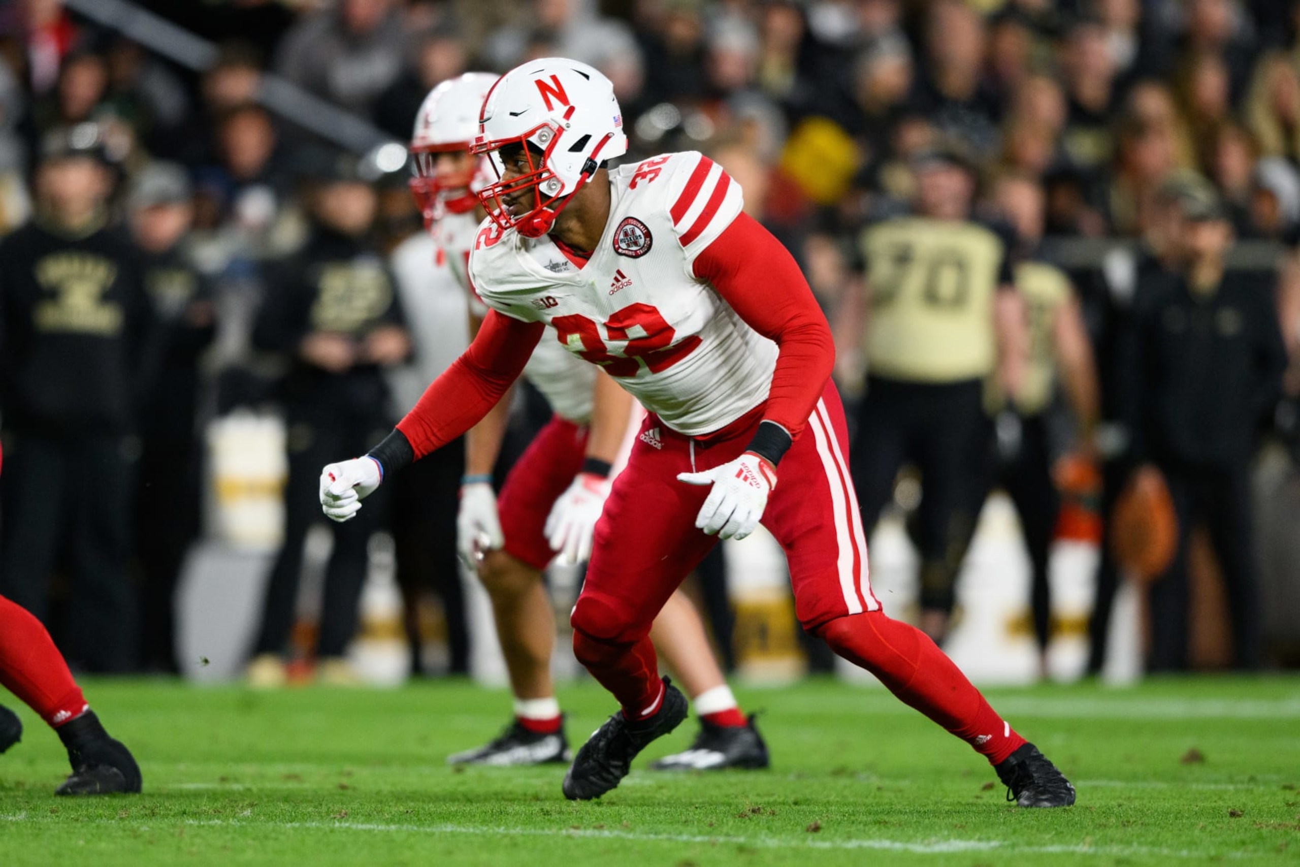 WEST LAFAYETTE, IN - OCTOBER 15: Nebraska Cornhuskers edge rusher Ochaun Mathis (32) rushes around the edge during the college football game between the Purdue Boilermakers and Nebraska Cornhuskers on October 15, 2022, at Ross-Ade Stadium in West Lafayette, IN. (Photo by Zach Bolinger/Icon Sportswire via Getty Images)