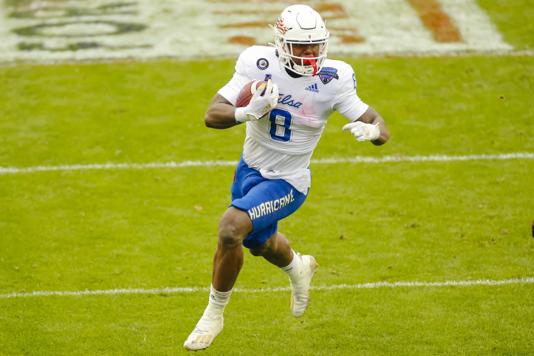 FORT WORTH, TX - DECEMBER 31: Tulsa Golden Hurricane running back Deneric Prince (8) looks for running room during the Armed Forces Bowl game between the Tulsa Golden Hurricane and the Mississippi State Bulldogs on December 31, 2020 at Amon G. Carter Stadium in Fort Worth, Texas. (Photo by Matthew Pearce/Icon Sportswire via Getty Images)