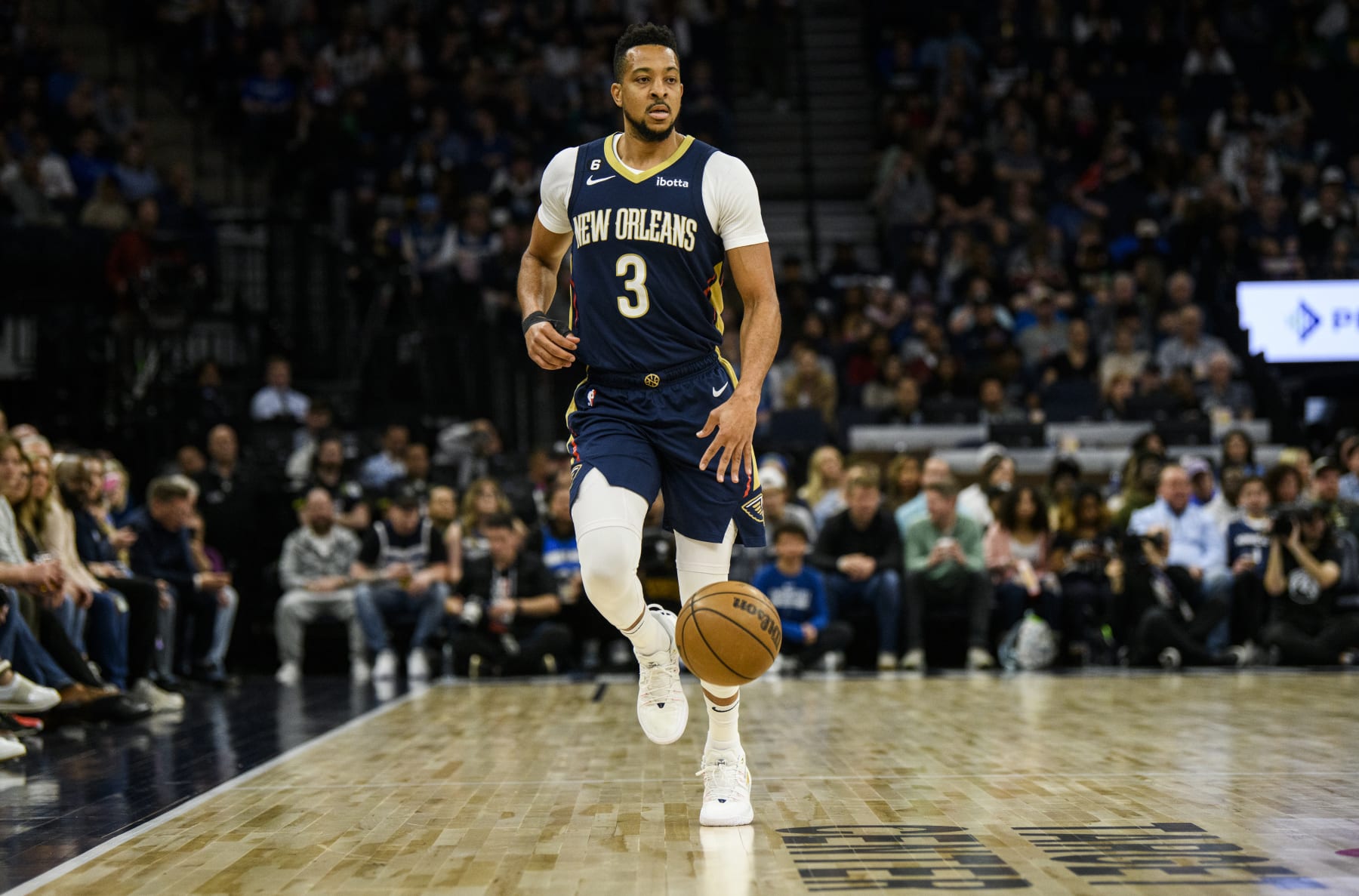 MINNEAPOLIS, MN - APRIL 09: CJ McCollum #3 of the New Orleans Pelicans dribbles the ball in the first quarter of the game against the Minnesota Timberwolves at Target Center on April 9, 2023 in Minneapolis, Minnesota. (Photo by Stephen Maturen/Getty Images) NOTE TO USER: User expressly acknowledges and agrees that, by downloading and or using this photograph, User is consenting to the terms and conditions of the Getty Images License Agreement. MINNEAPOLIS, MN - APRIL 09: CJ McCollum #3 of the New Orleans Pelicans dribbles the ball in the first quarter of the game against the Minnesota Timberwolves at Target Center on April 9, 2023 in Minneapolis, Minnesota. (Photo by Stephen Maturen/Getty Images) NOTE TO USER: User expressly acknowledges and agrees that, by downloading and or using this photograph, User is consenting to the terms and conditions of the Getty Images License Agreement.