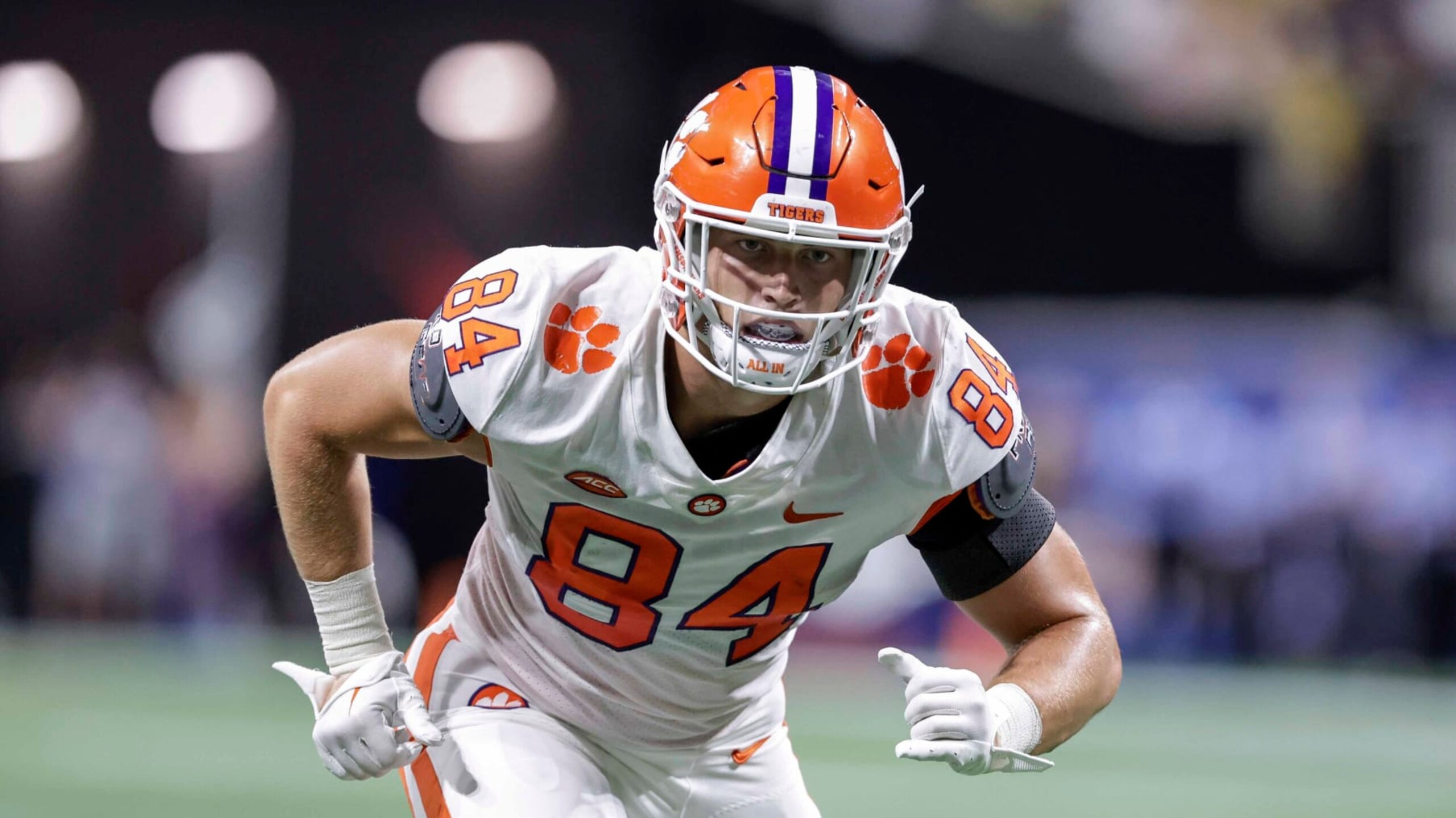 Clemson's Davis Allen (84) runs a route during the first half of an NCAA football game against Georgia Tech on Monday, Sept. 5, 2022, in Atlanta. (AP Photo/Stew Milne)