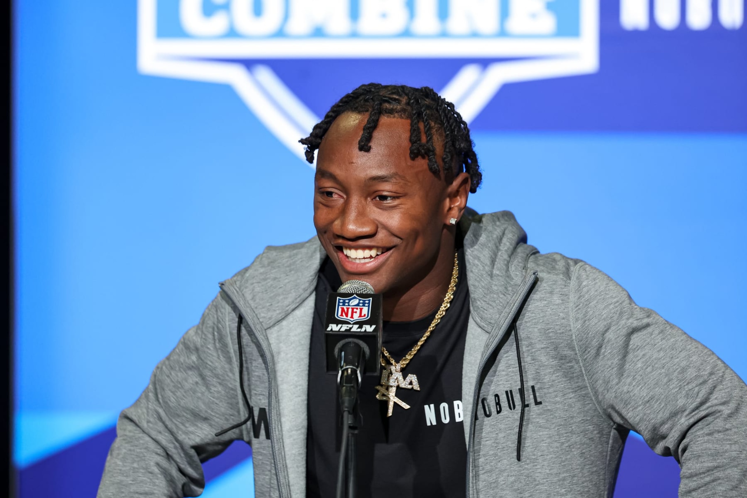 INDIANAPOLIS, IN - MARCH 03: Wide out Zay Flowers of Boston College speaks to the media during the NFL Combine at Lucas Oil Stadium on March 3, 2023 in Indianapolis, Indiana. (Photo by Michael Hickey/Getty Images)