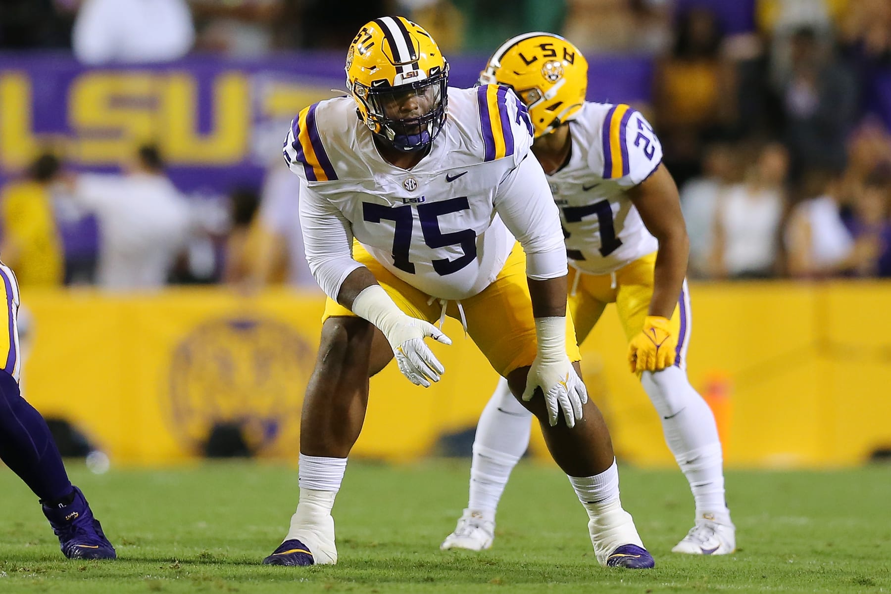 BATON ROUGE, LOUISIANA - OCTOBER 02: Anthony Bradford #75 of the LSU Tigers in action against the Auburn Tigers during a game at Tiger Stadium on October 02, 2021 in Baton Rouge, Louisiana. (Photo by Jonathan Bachman/Getty Images)