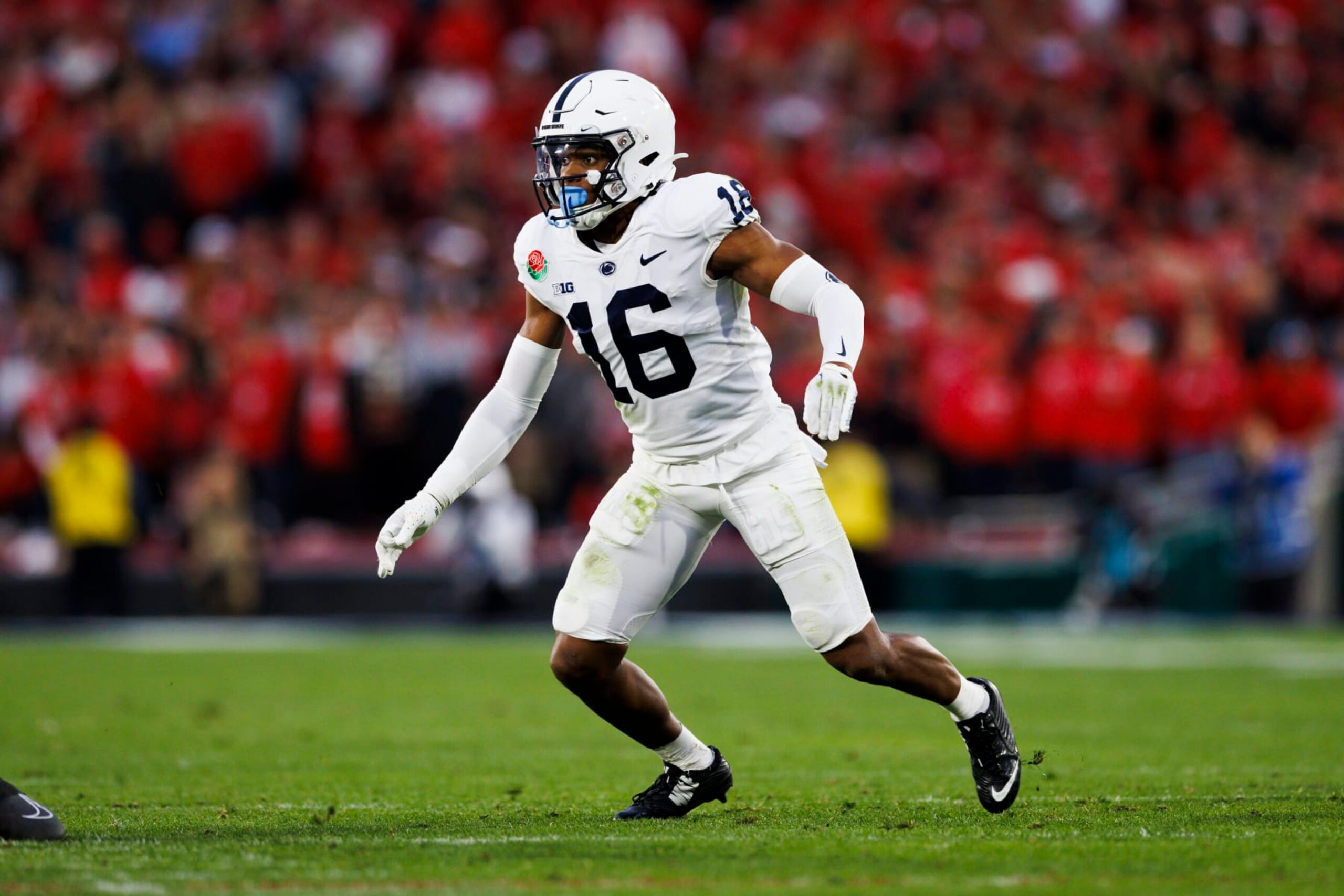 PASADENA, CA - JANUARY 02: Penn State Nittany Lions safety Ji'Ayir Brown (16) defends in coverage on defense during the Rose Bowl game between the Penn State Nittany Lions and the Utah Utes on January 2, 2023 at the Rose Bowl Stadium in Pasadena, CA. (Photo by Ric Tapia/Icon Sportswire via Getty Images) PASADENA, CA - JANUARY 02: Penn State Nittany Lions safety Ji'Ayir Brown (16) defends in coverage on defense during the Rose Bowl game between the Penn State Nittany Lions and the Utah Utes on January 2, 2023 at the Rose Bowl Stadium in Pasadena, CA. (Photo by Ric Tapia/Icon Sportswire via Getty Images)