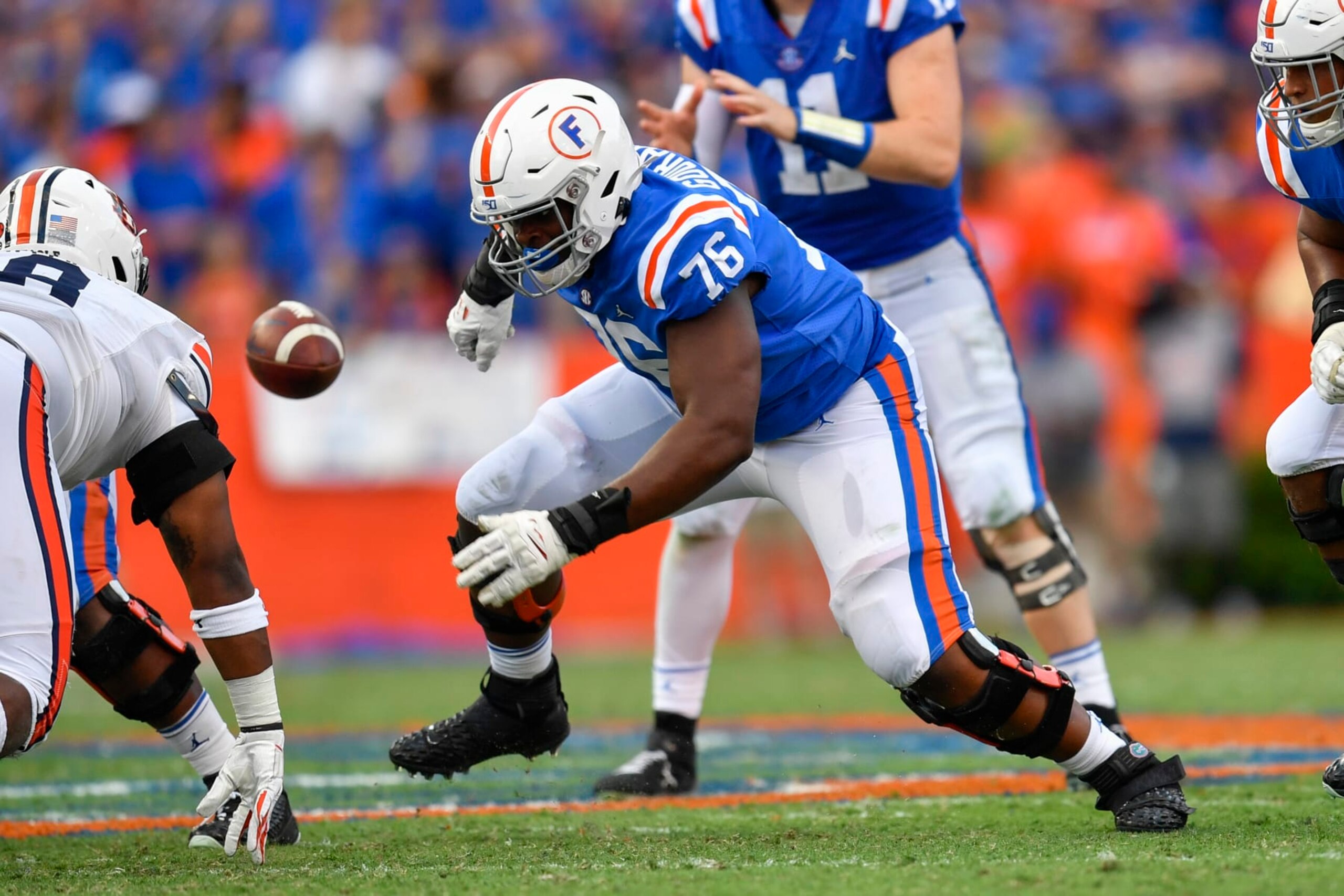 GAINESVILLE, FL - OCTOBER 05: Florida offensive lineman Richard Gouraige (76) during the second half of a college football game between the Florida Gators and the Auburn Tigers on October 05, 2019, at Ben Hill Griffin Stadium in Gainesville, FL. (Photo by Roy K. Miller/Icon Sportswire via Getty Images)