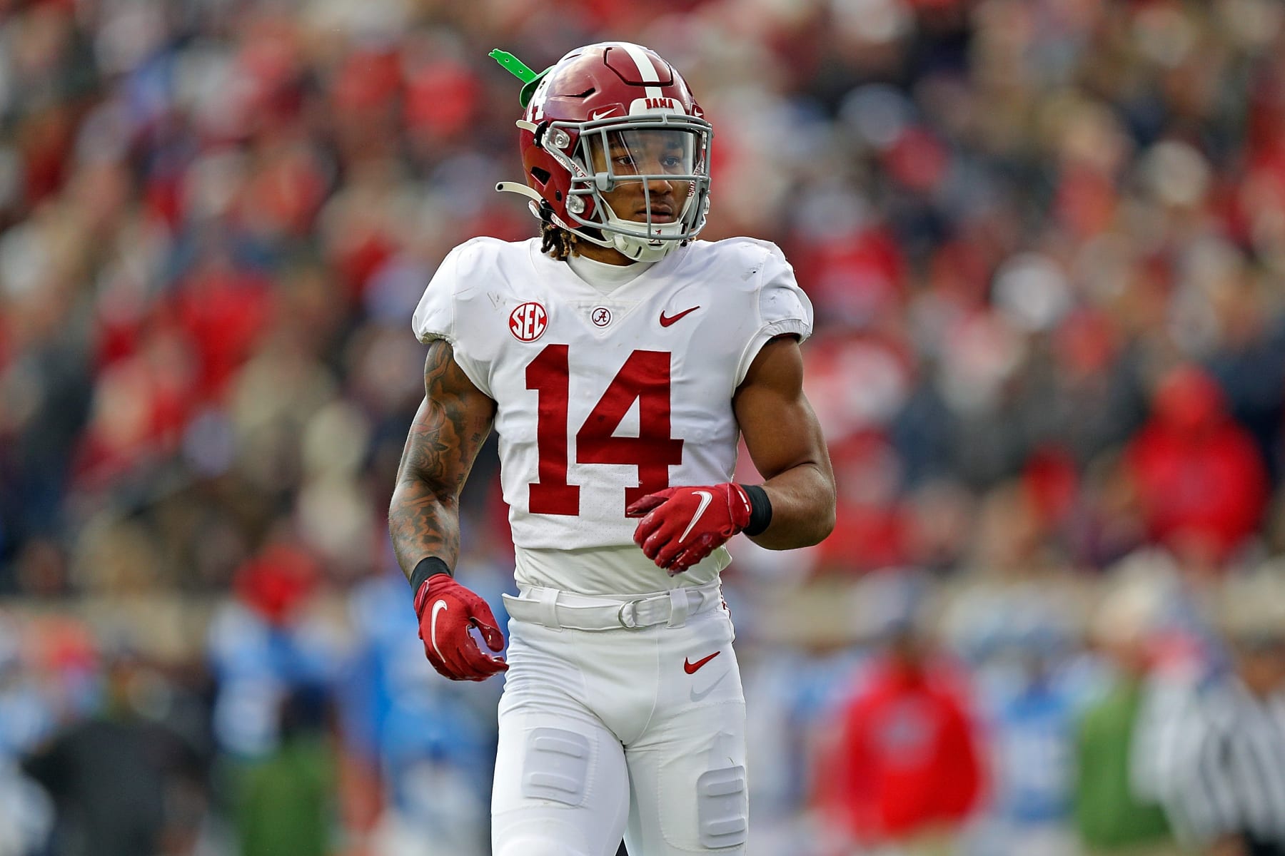 OXFORD, MISSISSIPPI - NOVEMBER 12: Brian Branch #14 of the Alabama Crimson Tide during the game against the Mississippi Rebels at Vaught-Hemingway Stadium on November 12, 2022 in Oxford, Mississippi. (Photo by Justin Ford/Getty Images)