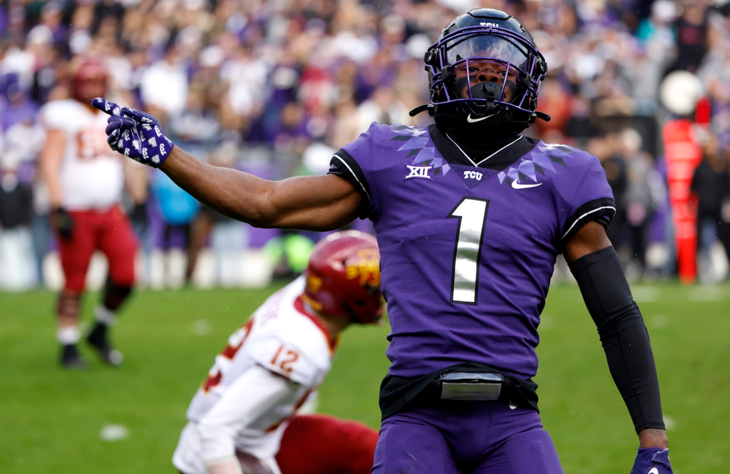 FORT WORTH, TX - NOVEMBER 26: Cornerback Tre'Vius Hodges-Tomlinson #1 of the TCU Horned Frogs reacts after sacking quarterback Hunter Dekkers #12 of the Iowa State Cyclones during the first half at Amon G. Carter Stadium on November 26, 2022 in Fort Worth, Texas. (Photo by Ron Jenkins/Getty Images) FORT WORTH, TX - NOVEMBER 26: Cornerback Tre'Vius Hodges-Tomlinson #1 of the TCU Horned Frogs reacts after sacking quarterback Hunter Dekkers #12 of the Iowa State Cyclones during the first half at Amon G. Carter Stadium on November 26, 2022 in Fort Worth, Texas. (Photo by Ron Jenkins/Getty Images)