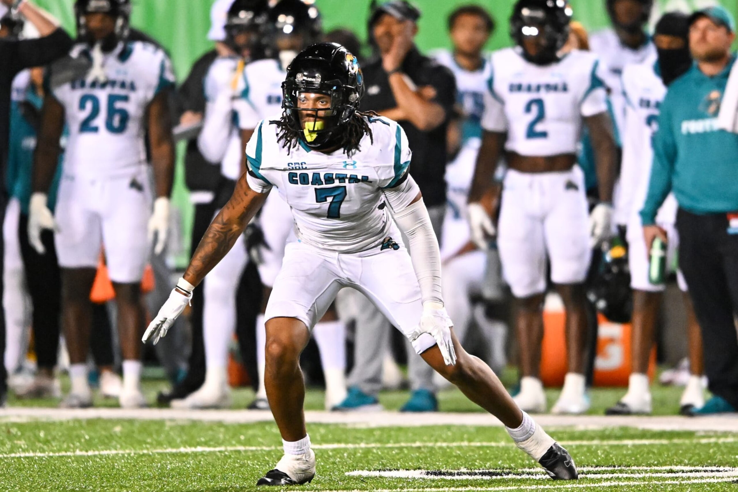 HUNTINGTON, WV - OCTOBER 29, 2022: Lance Boykin #7 of the Coastal Carolina Chanticleers in action during the second half against the Marshall Thundering Herd at Joan C. Edwards Stadium on October 29, 2022 in Huntington, West Virginia. (Photo by Chris Bernacchi/Diamond Images via Getty Images)
