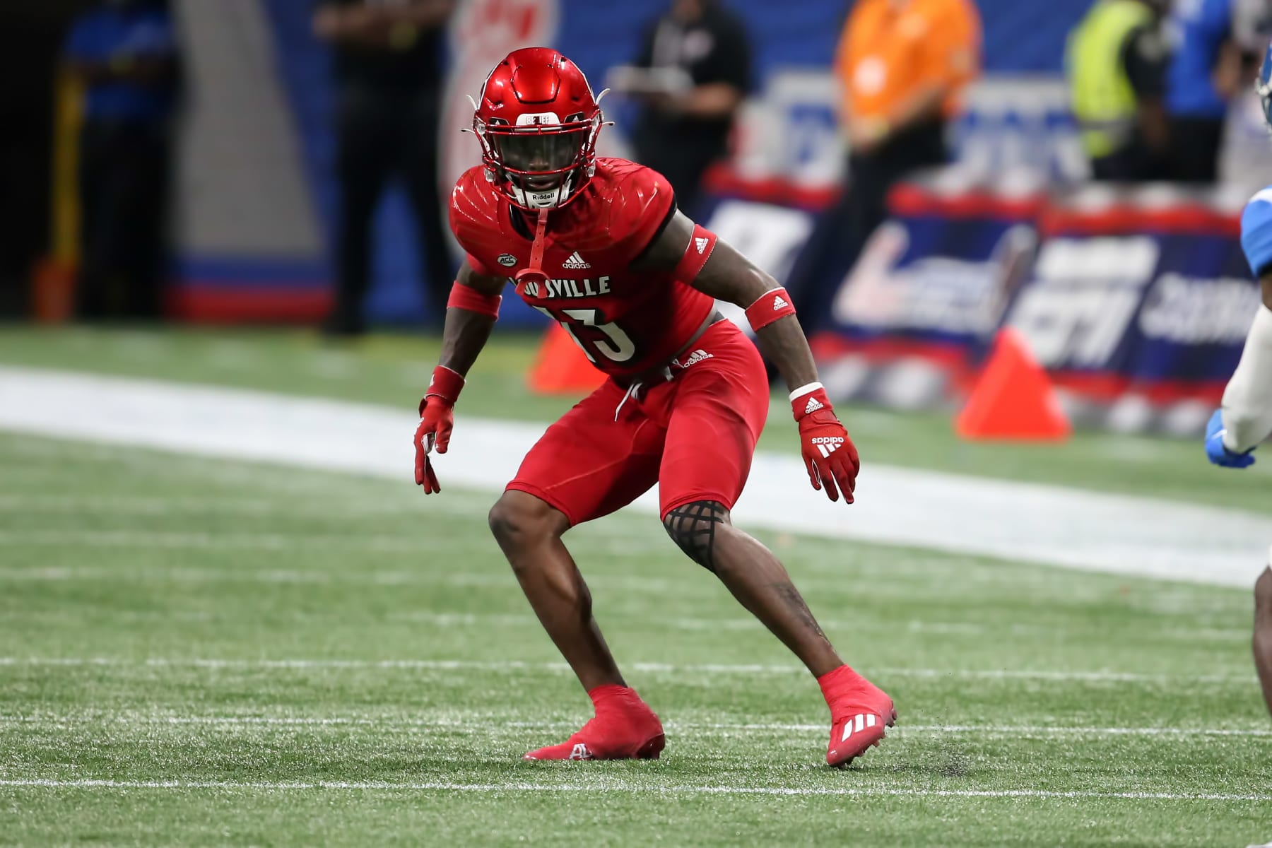 ATLANTA, GA - SEPTEMBER 06: Louisville Cardinals defensive back Kei'Trel Clark (13) during the Chick-fil-A Kickoff Game between the Louisville Cardinals and the Ole Miss Rebels on September 6, 2021 at Mercedes Benz Stadium in Atlanta, Georgia.  (Photo by Michael Wade/Icon Sportswire via Getty Images)