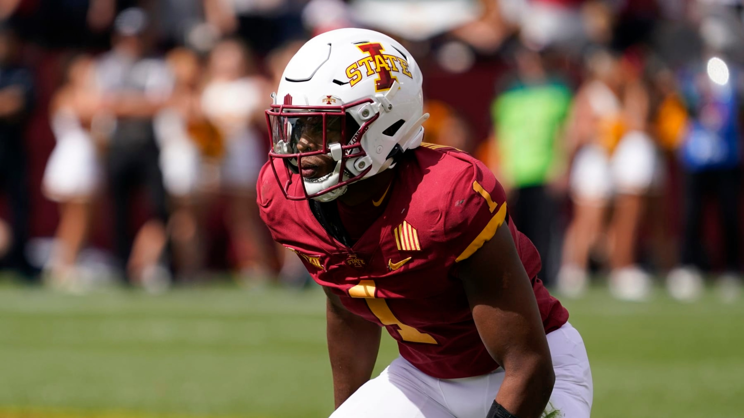 Iowa State defensive back Anthony Johnson Jr. gets set for a play during an NCAA college football game against Baylor, Saturday, Sept. 24, 2022, in Ames, Iowa. (AP Photo/Charlie Neibergall) Iowa State defensive back Anthony Johnson Jr. gets set for a play during an NCAA college football game against Baylor, Saturday, Sept. 24, 2022, in Ames, Iowa. (AP Photo/Charlie Neibergall)
