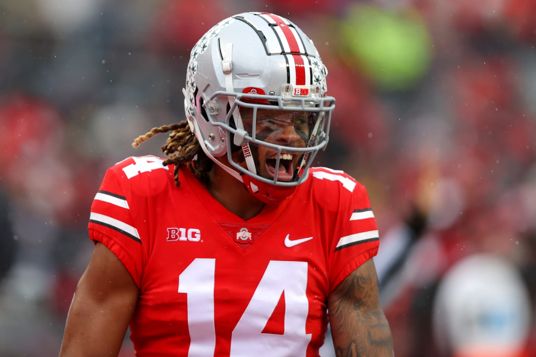 COLUMBUS, OH - NOVEMBER 12: Ohio State Buckeyes safety Ronnie Hickman (14) celebrates after making a tackle during the second quarter of the college football game between the Indiana Hoosiers and Ohio State Buckeyes on November 12, 2022, at Ohio Stadium in Columbus, OH. (Photo by Frank Jansky/Icon Sportswire via Getty Images)