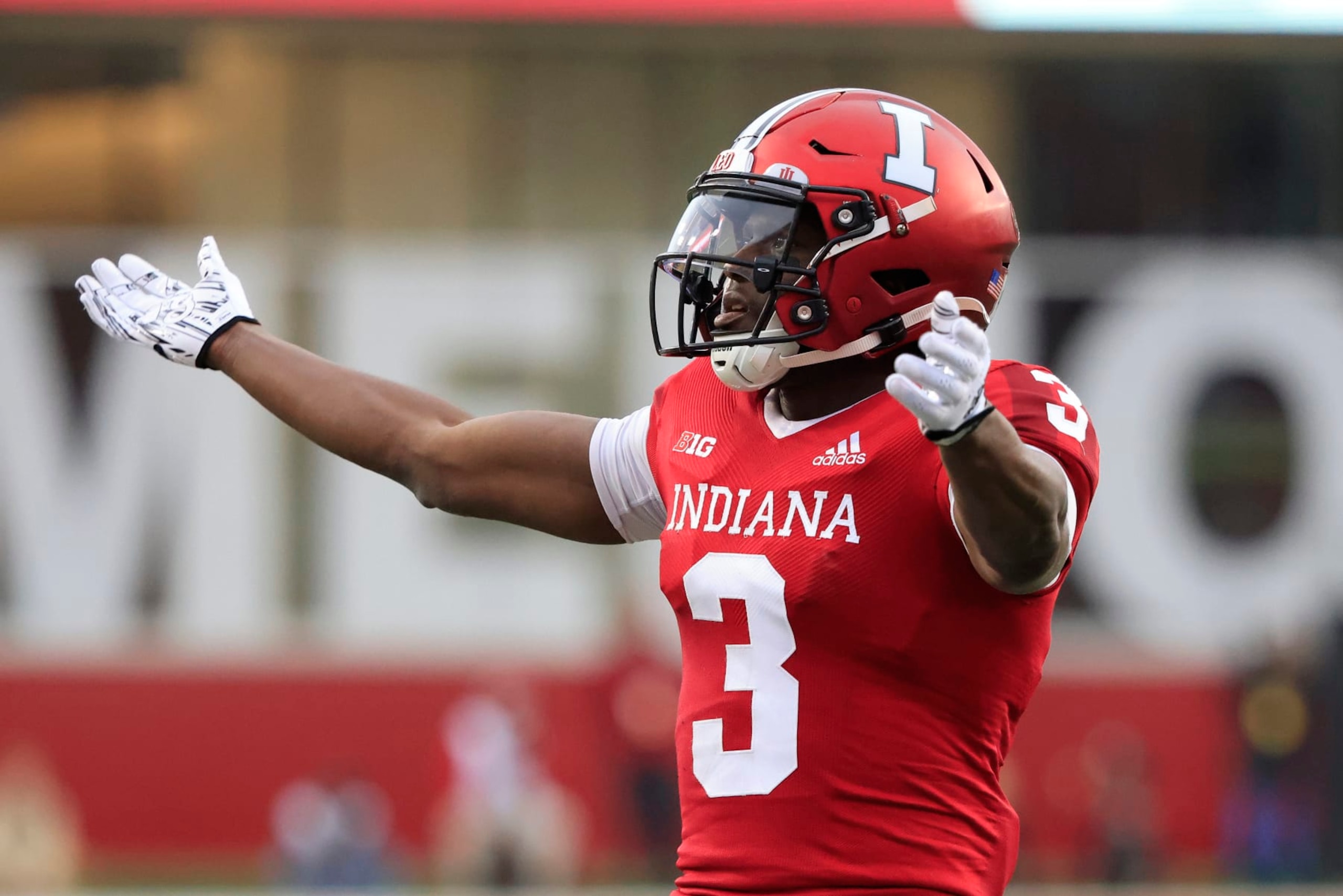 BLOOMINGTON, INDIANA - NOVEMBER 26: Tiawan Mullen #3 of the Indiana Hoosiers reacts after a play in the game against the Purdue Boilermakers at Memorial Stadium on November 26, 2022 in Bloomington, Indiana. (Photo by Justin Casterline/Getty Images)