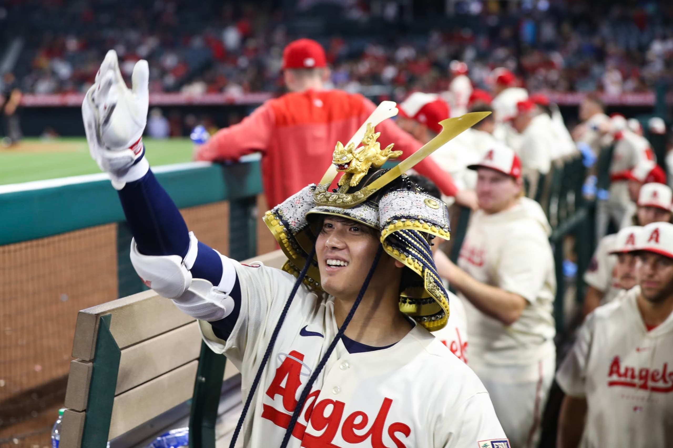 ANAHEIM, CALIFORNIA - APRIL 26: Shohei Ohtani #17 of the Los Angeles Angels celebrates his two-run home run in the eighth inning against the Oakland Athletics at Angel Stadium of Anaheim on April 26, 2023 in Anaheim, California. (Photo by Meg Oliphant/Getty Images)