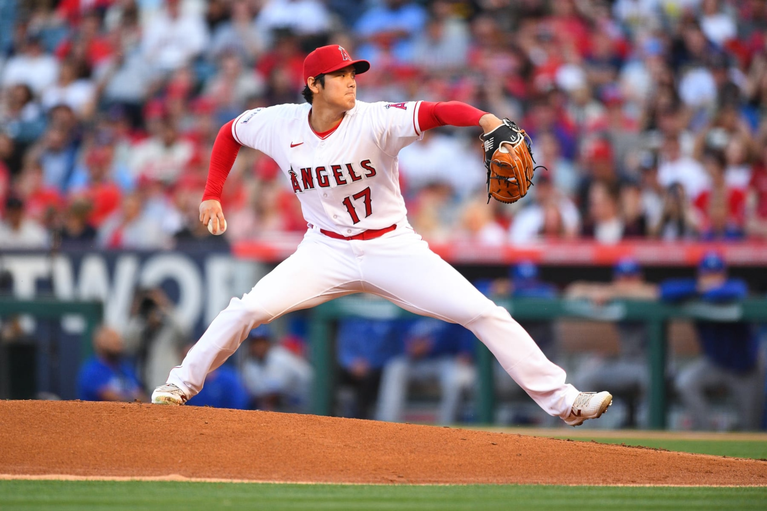 ANAHEIM, CA - APRIL 21: Los Angeles Angels pitcher Shohei Ohtani (17) throws a pitch during the MLB game between the Kansas City Royals and the Los Angeles Angels of Anaheim on April 21, 2023 at Angel Stadium of Anaheim in Anaheim, CA. (Photo by Brian Rothmuller/Icon Sportswire via Getty Images)