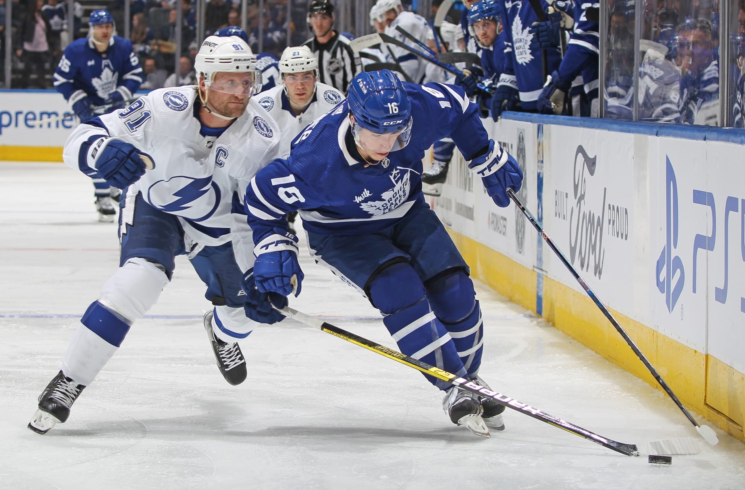 TORONTO, CANADA - APRIL 18:  Steven Stamkos #91 of the Tampa Bay Lightning battles for the puck against Mitchell Marner #16 of the Toronto Maple Leafs during Game One of the First Round of the 2023 Stanley Cup Playoffs at Scotiabank Arena on April 18, 2023 in Toronto, Ontario, Canada. (Photo by Claus Andersen/Getty Images)