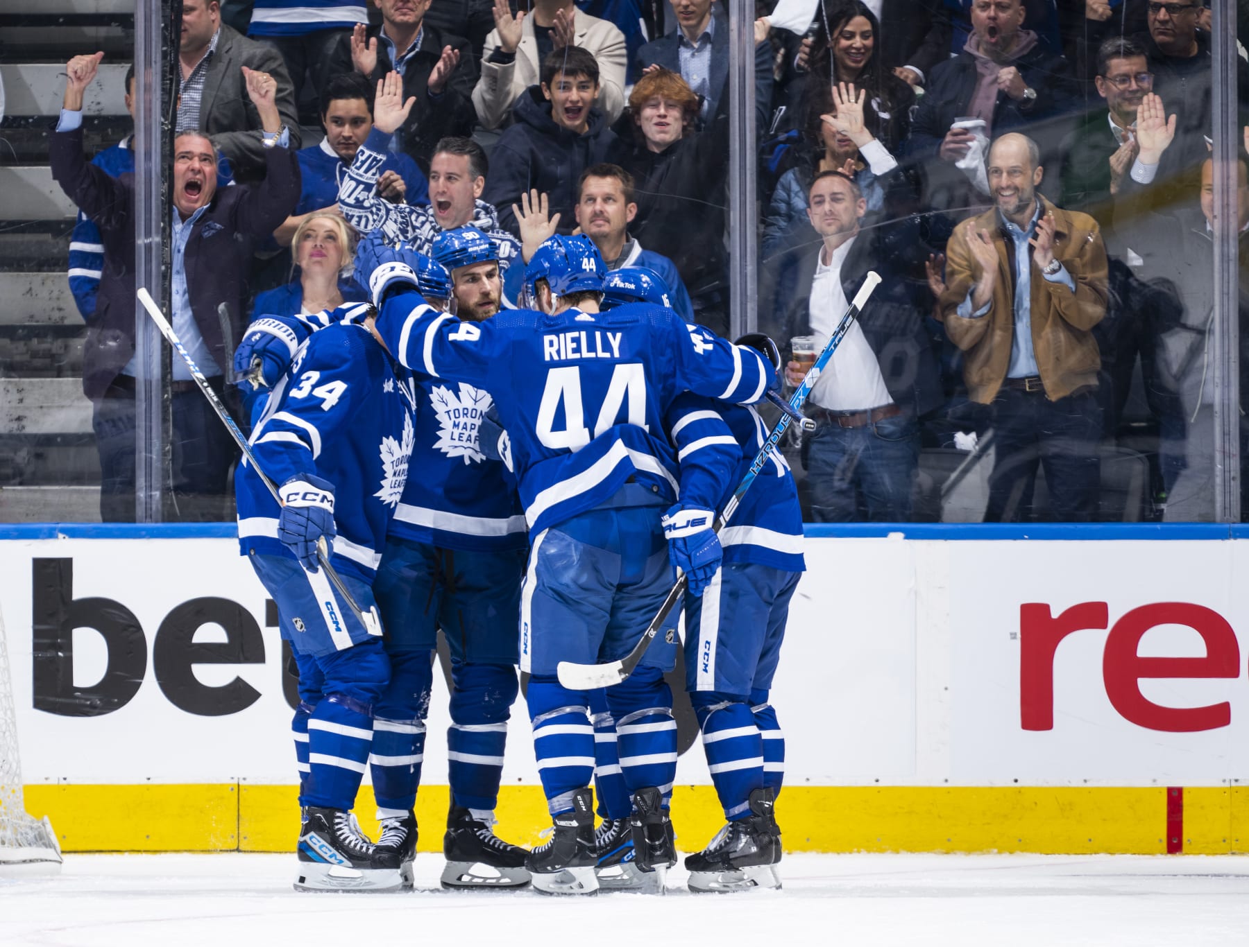 TORONTO, ON - APRIL 18: Ryan O'Reilly #90 of the Toronto Maple Leafs celebrates his goal withe John Tavares #91, Mitchell Marner, and Morgan Rielly #44 against the Tampa Bay Lightning during the second period in Game One of the First Round of the 2023 Stanley Cup Playoffs at the Scotiabank Arena on April 18, 2023 in Toronto, Ontario, Canada. (Photo by Mark Blinch/NHLI via Getty Images)