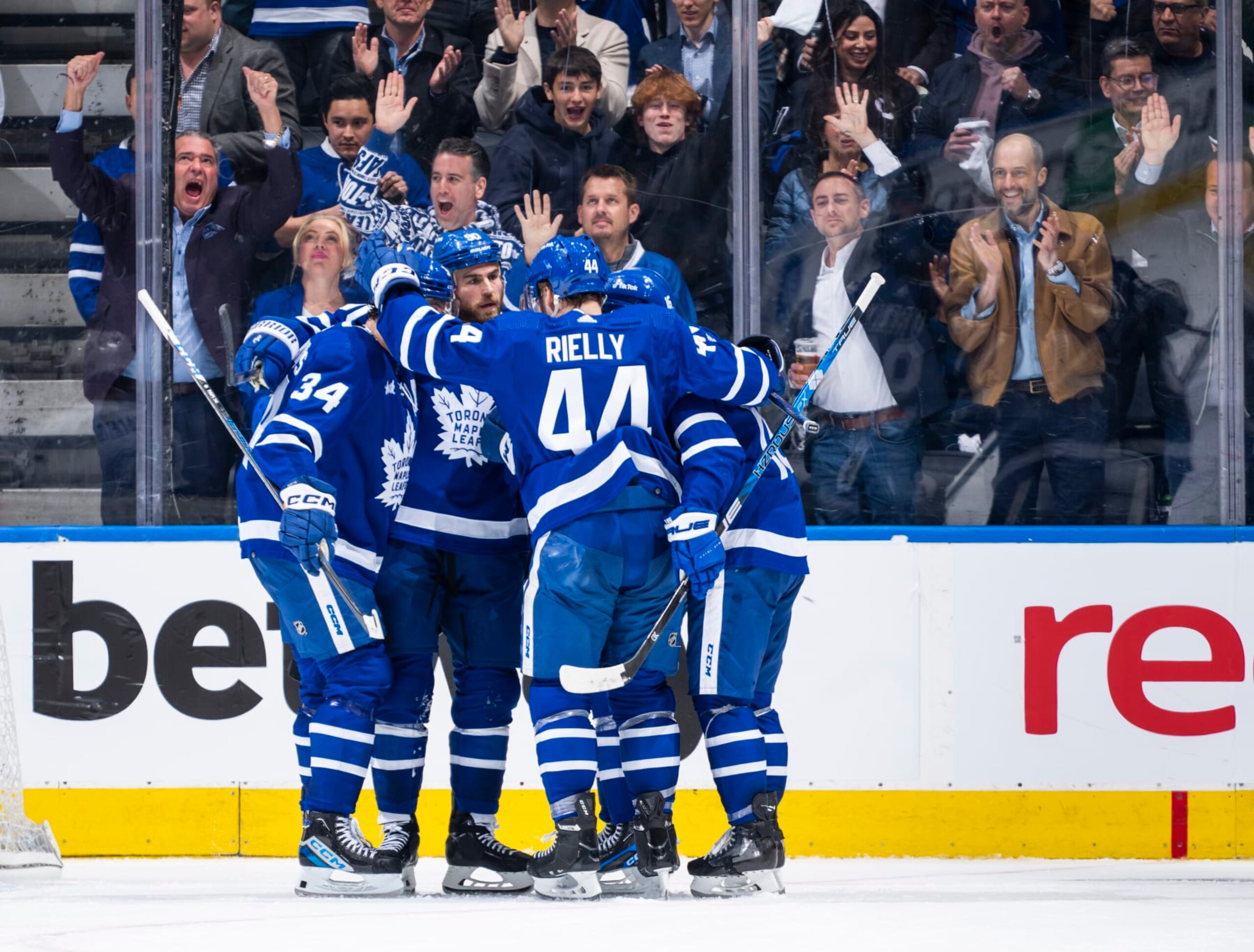 TORONTO, ON - APRIL 18: Ryan O'Reilly #90 of the Toronto Maple Leafs celebrates his goal withe John Tavares #91, Mitchell Marner, and Morgan Rielly #44 against the Tampa Bay Lightning during the second period in Game One of the First Round of the 2023 Stanley Cup Playoffs at the Scotiabank Arena on April 18, 2023 in Toronto, Ontario, Canada. (Photo by Mark Blinch/NHLI via Getty Images)