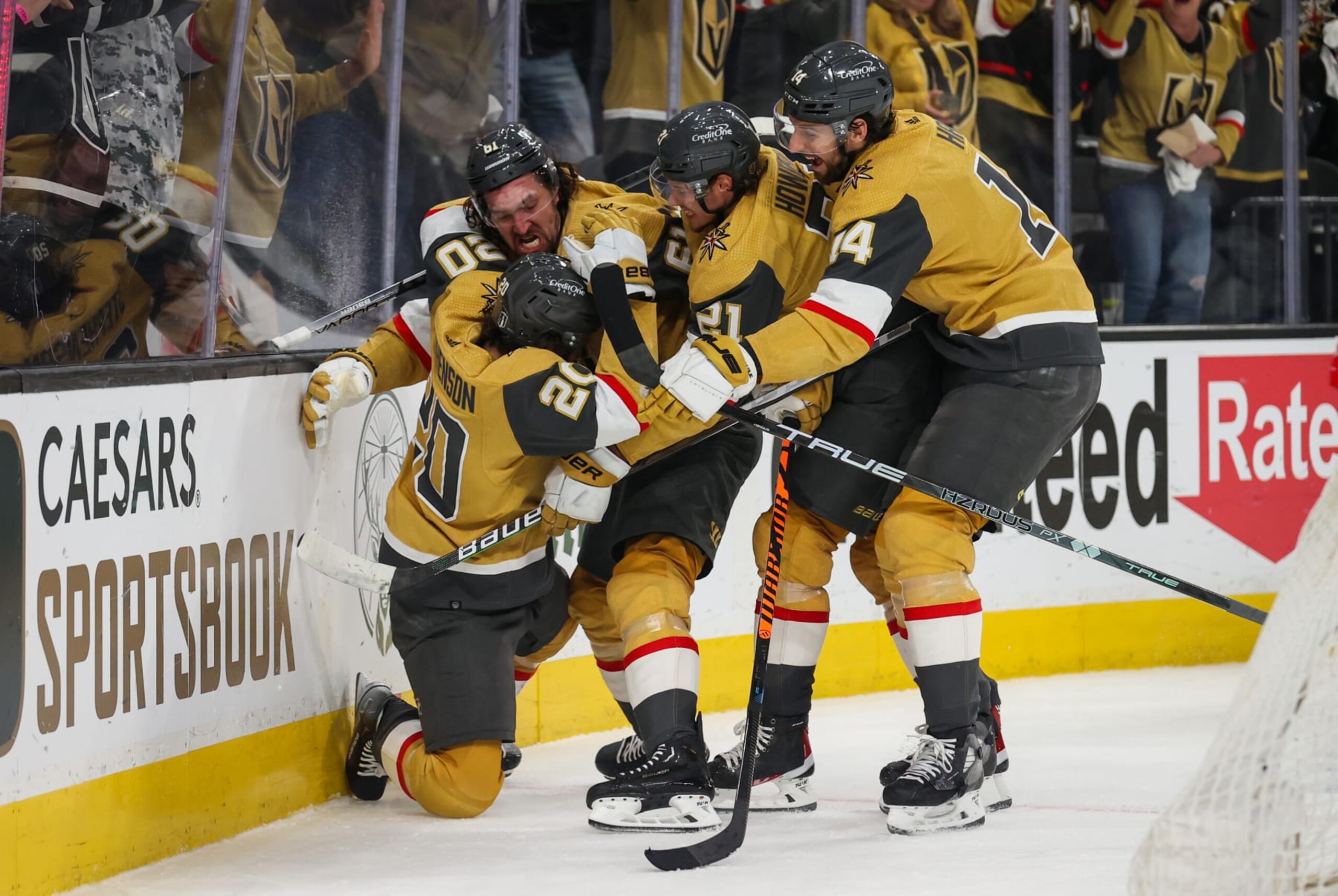 LAS VEGAS, NEVADA - APRIL 20: Mark Stone #61 of the Vegas Golden Knights celebrates with teammates after scoring a goal during the third period against the Winnipeg Jets in Game Two of the First Round of the 2023 Stanley Cup Playoffs at T-Mobile Arena on April 20, 2023 in Las Vegas, Nevada. (Photo by Zak Krill/NHLI via Getty Images)