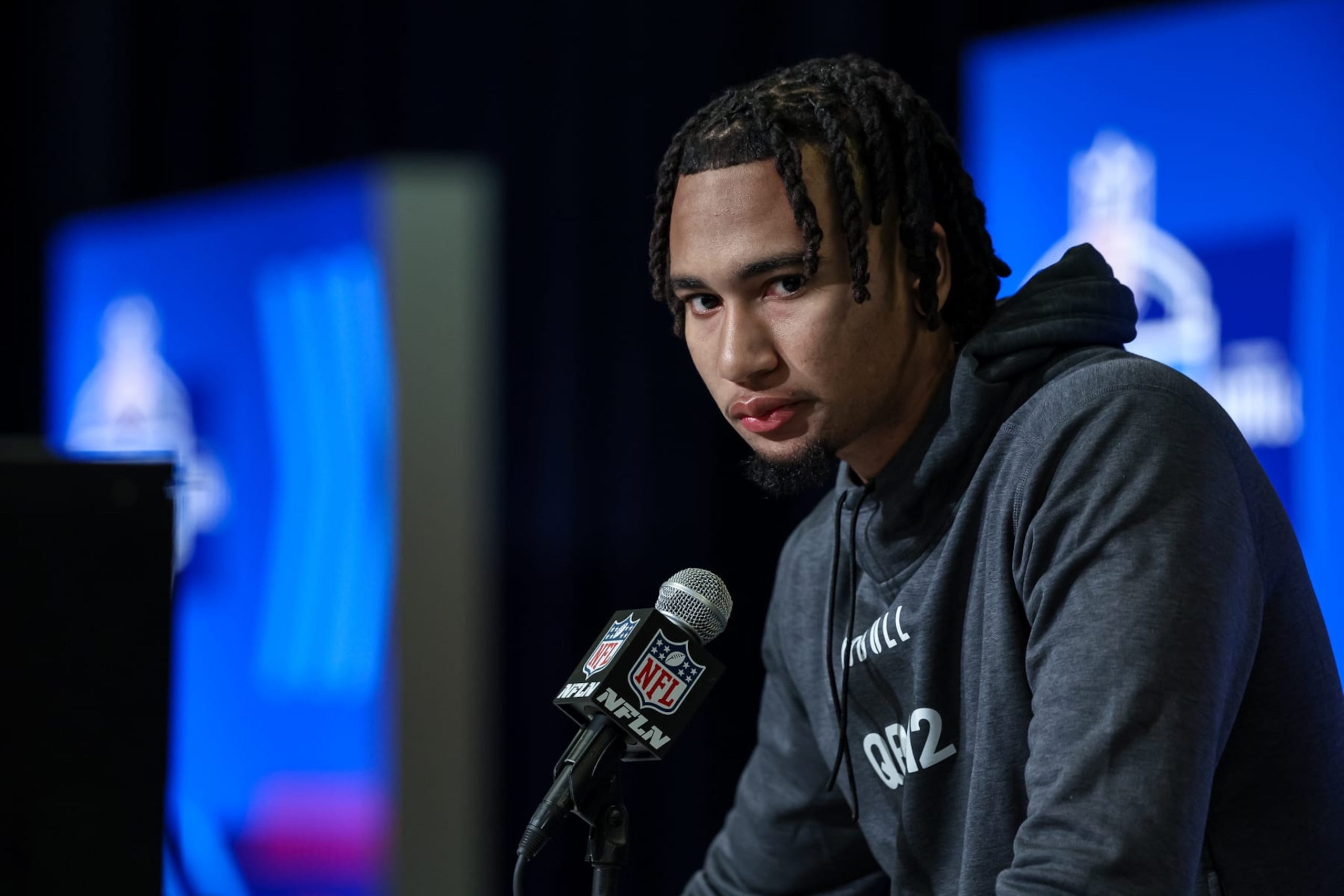 INDIANAPOLIS, IN - MARCH 03: Quarterback CJ Stroud of Ohio State speaks to the media during the NFL Combine at Lucas Oil Stadium on March 3, 2023 in Indianapolis, Indiana. (Photo by Michael Hickey/Getty Images)