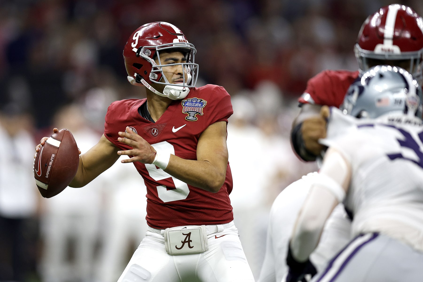 NEW ORLEANS, LOUISIANA - DECEMBER 31: Bryce Young #9 of the Alabama Crimson Tide looks to pass during the second quarter of the Allstate Sugar Bowl against the Kansas State Wildcats at Caesars Superdome on December 31, 2022 in New Orleans, Louisiana. (Photo by Sean Gardner/Getty Images)