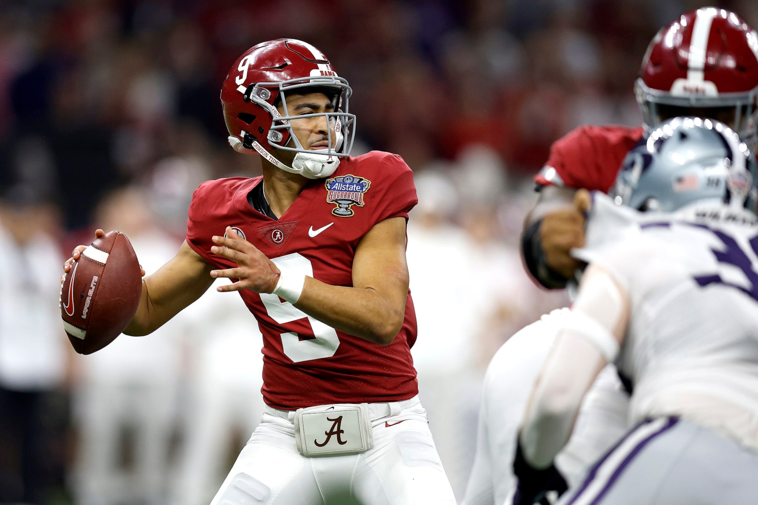NEW ORLEANS, LOUISIANA - DECEMBER 31: Bryce Young #9 of the Alabama Crimson Tide looks to pass during the second quarter of the Allstate Sugar Bowl against the Kansas State Wildcats at Caesars Superdome on December 31, 2022 in New Orleans, Louisiana. (Photo by Sean Gardner/Getty Images)