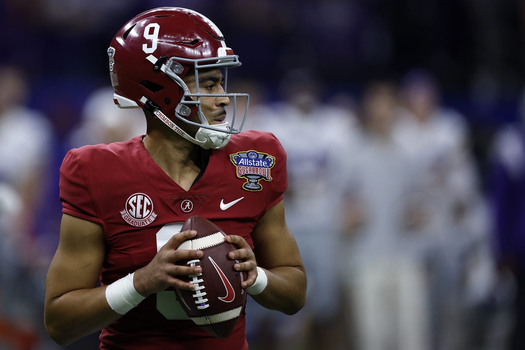 NEW ORLEANS, LOUISIANA - DECEMBER 31: Bryce Young #9 of the Alabama Crimson Tide throws a pass against the Kansas State Wildcats during the Allstate Sugar Bowl at Caesars Superdome on December 31, 2022 in New Orleans, Louisiana. (Photo by Chris Graythen/Getty Images)