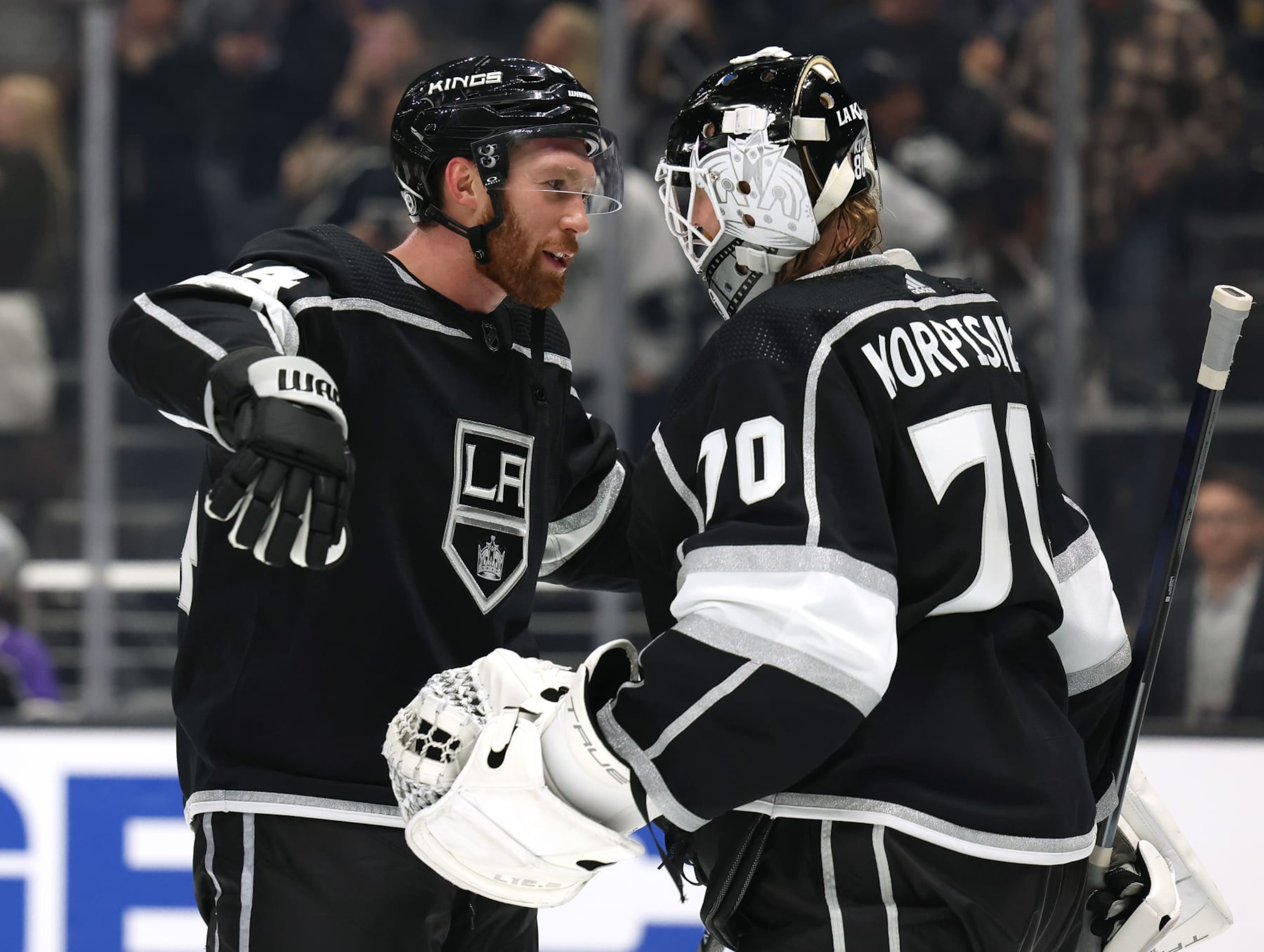 Los Angeles Kings defenseman Vladislav Gavrikov (left) and goaltender Joonas Korpisalo. Los Angeles Kings defenseman Vladislav Gavrikov (left) and goaltender Joonas Korpisalo.