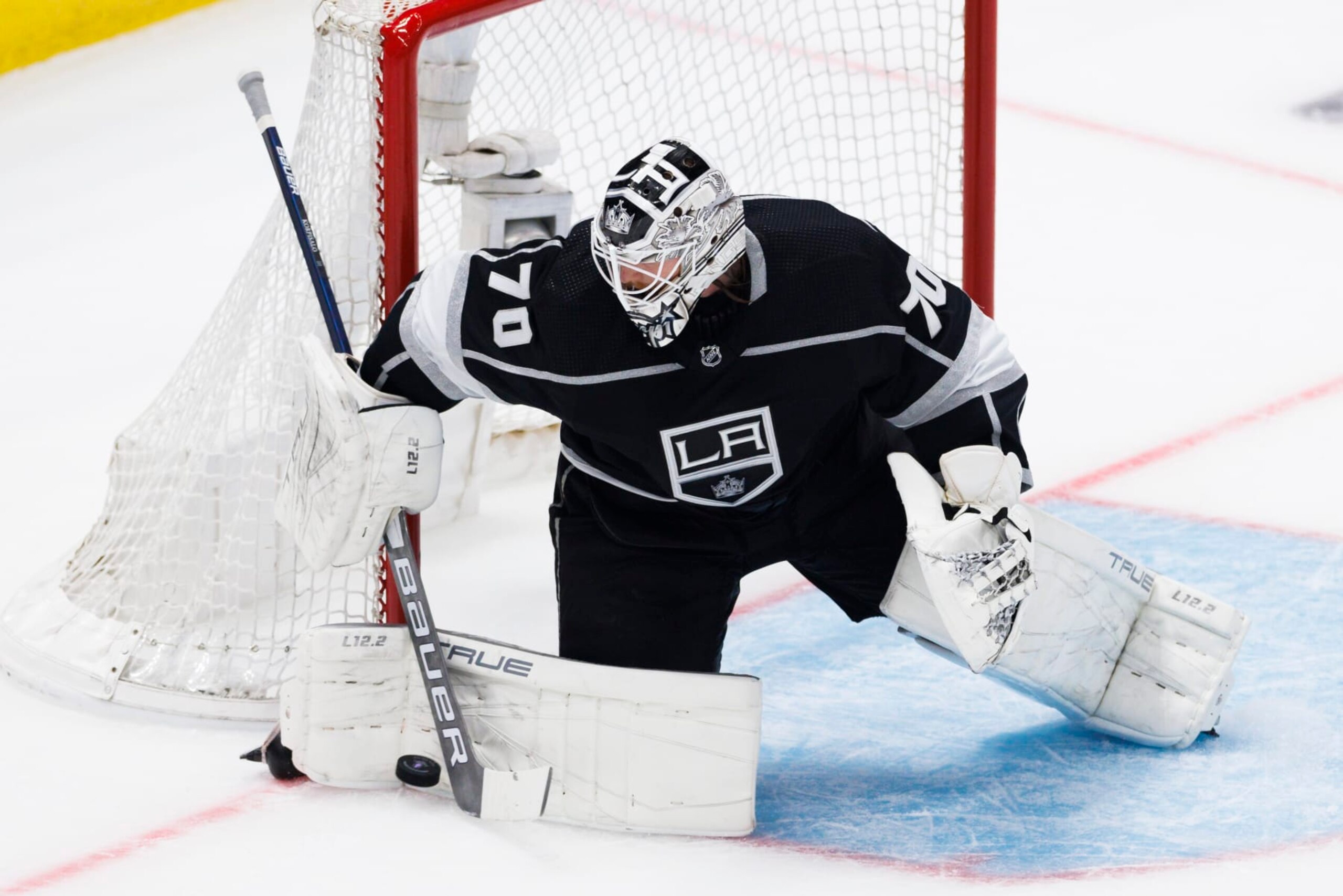 LOS ANGELES, CA - APRIL 23: Los Angeles Kings goaltender Joonas Korpisalo (70) makes a save during an NHL First Round Western Conference Playoff game between the Edmonton Oilers and the Los Angeles Kings on April 23, 2023, at the Crypto.com Arena in Los Angeles, CA. (Photo by Ric Tapia/Icon Sportswire via Getty Images) LOS ANGELES, CA - APRIL 23: Los Angeles Kings goaltender Joonas Korpisalo (70) makes a save during an NHL First Round Western Conference Playoff game between the Edmonton Oilers and the Los Angeles Kings on April 23, 2023, at the Crypto.com Arena in Los Angeles, CA. (Photo by Ric Tapia/Icon Sportswire via Getty Images)